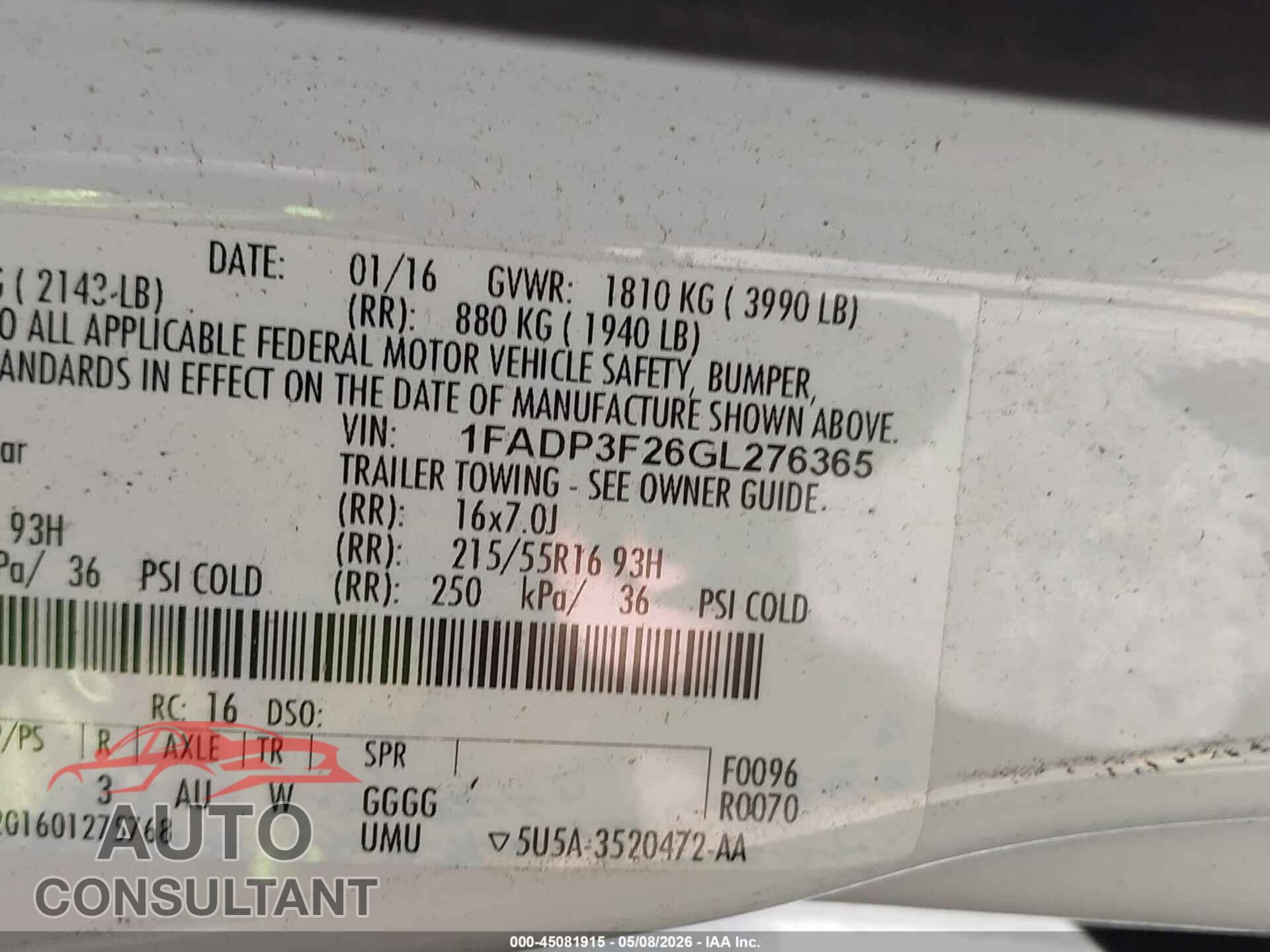 FORD FOCUS 2016 - 1FADP3F26GL276365
