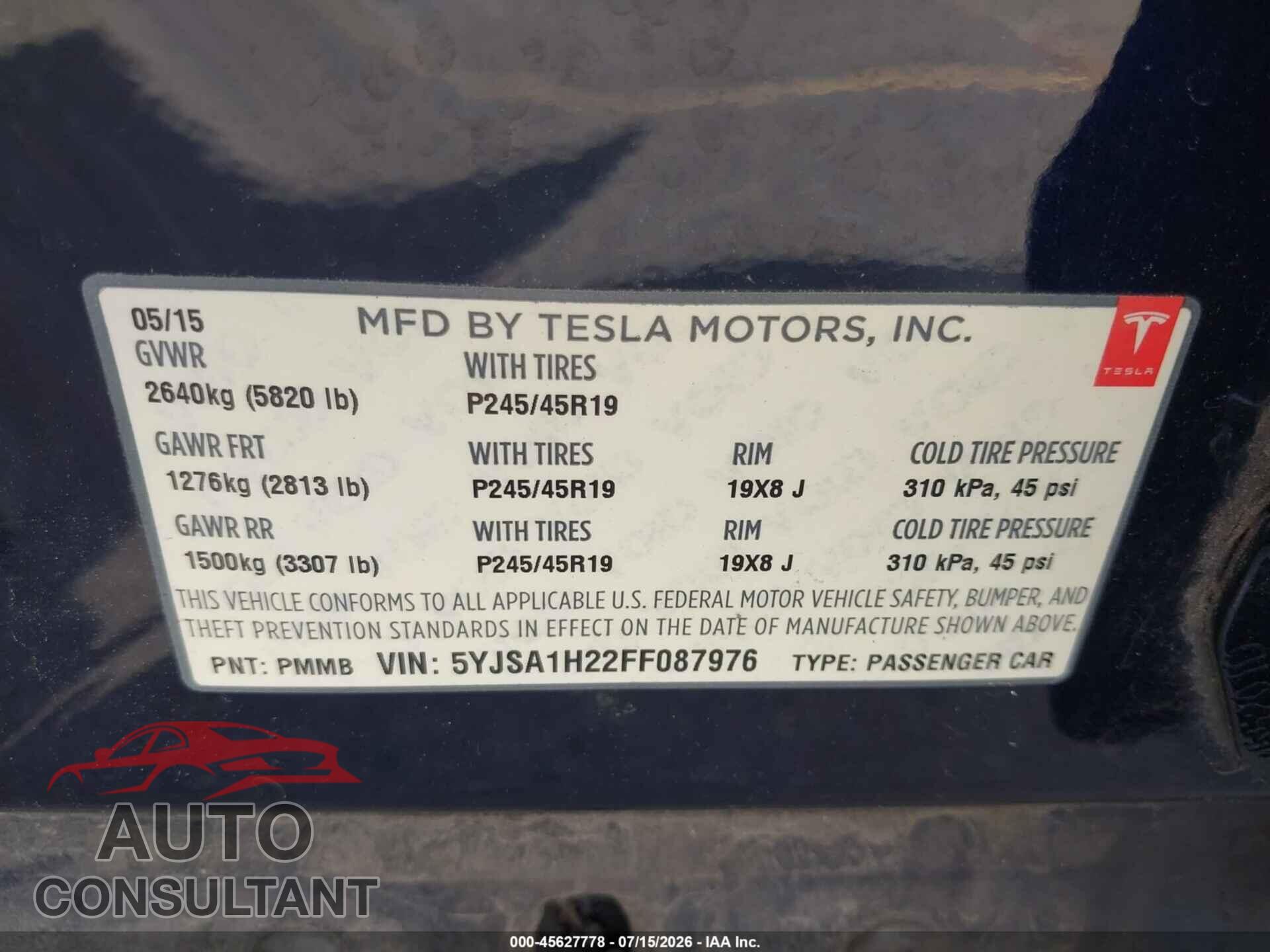 TESLA MODEL S 2015 - 5YJSA1H22FF087976