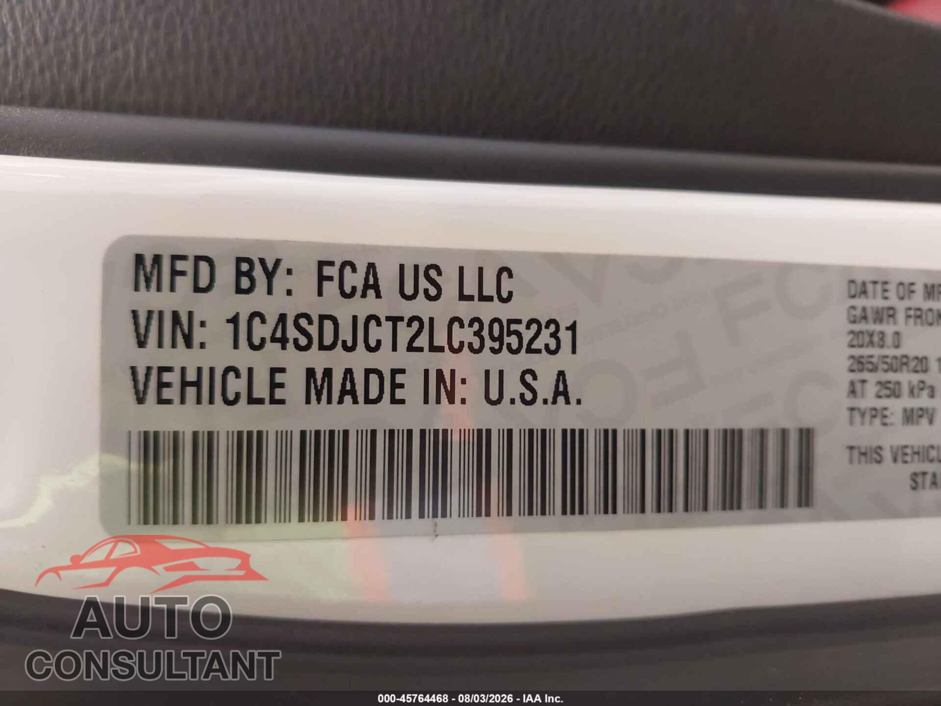 DODGE DURANGO 2020 - 1C4SDJCT2LC395231