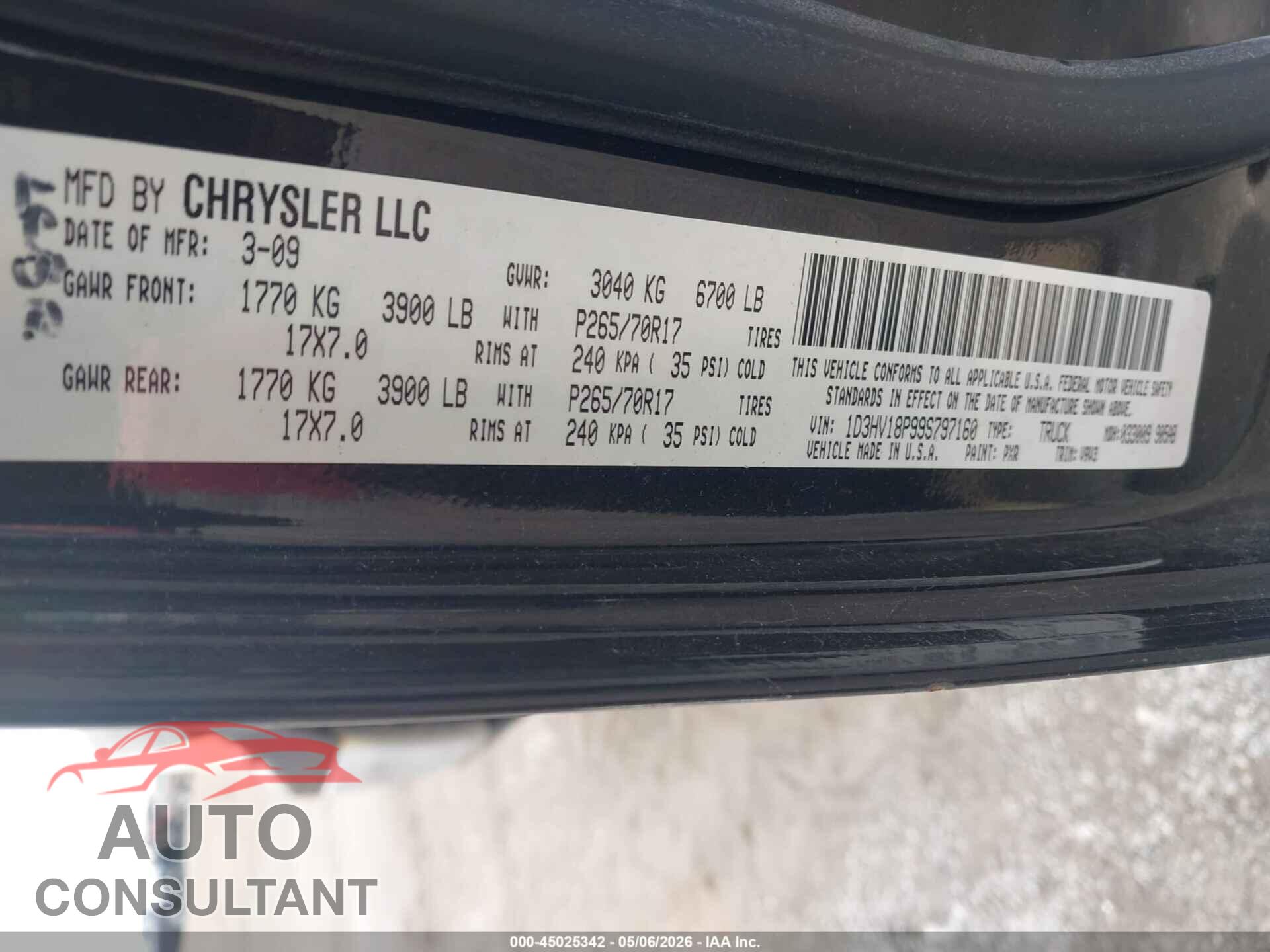 DODGE RAM 1500 2009 - 1D3HV18P99S797160