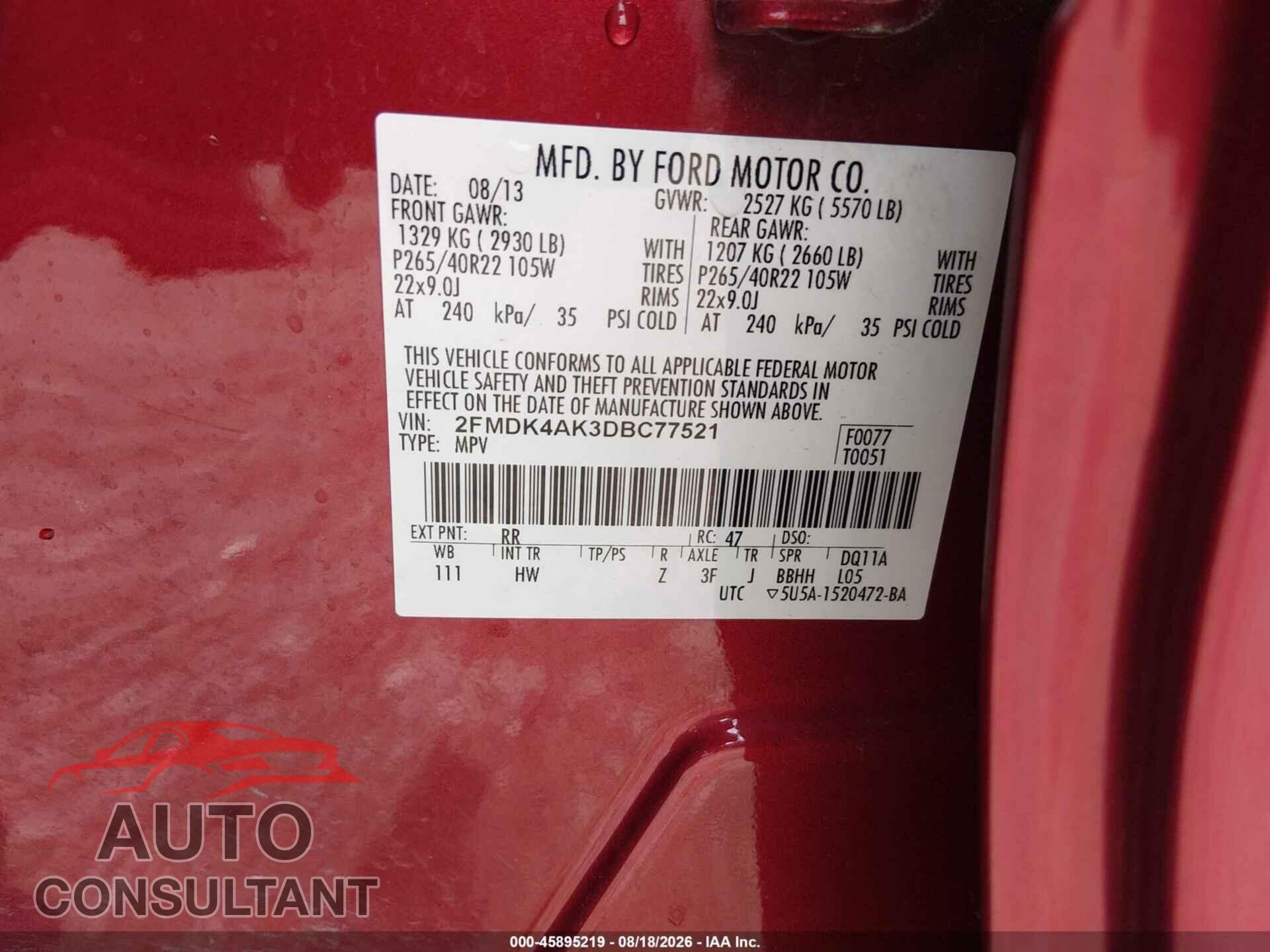FORD EDGE 2013 - 2FMDK4AK3DBC77521