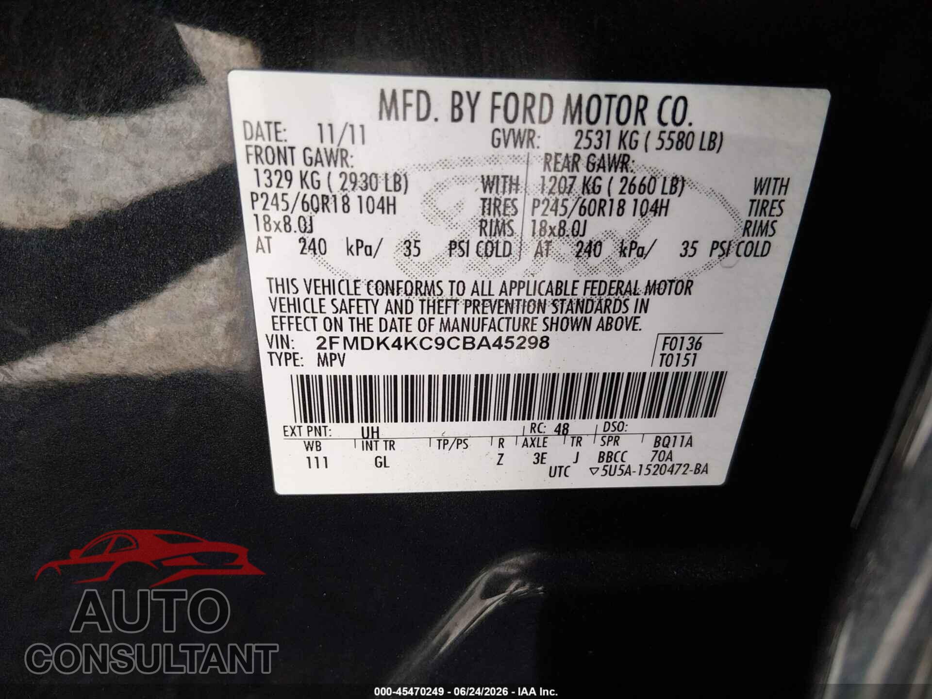 FORD EDGE 2012 - 2FMDK4KC9CBA45298