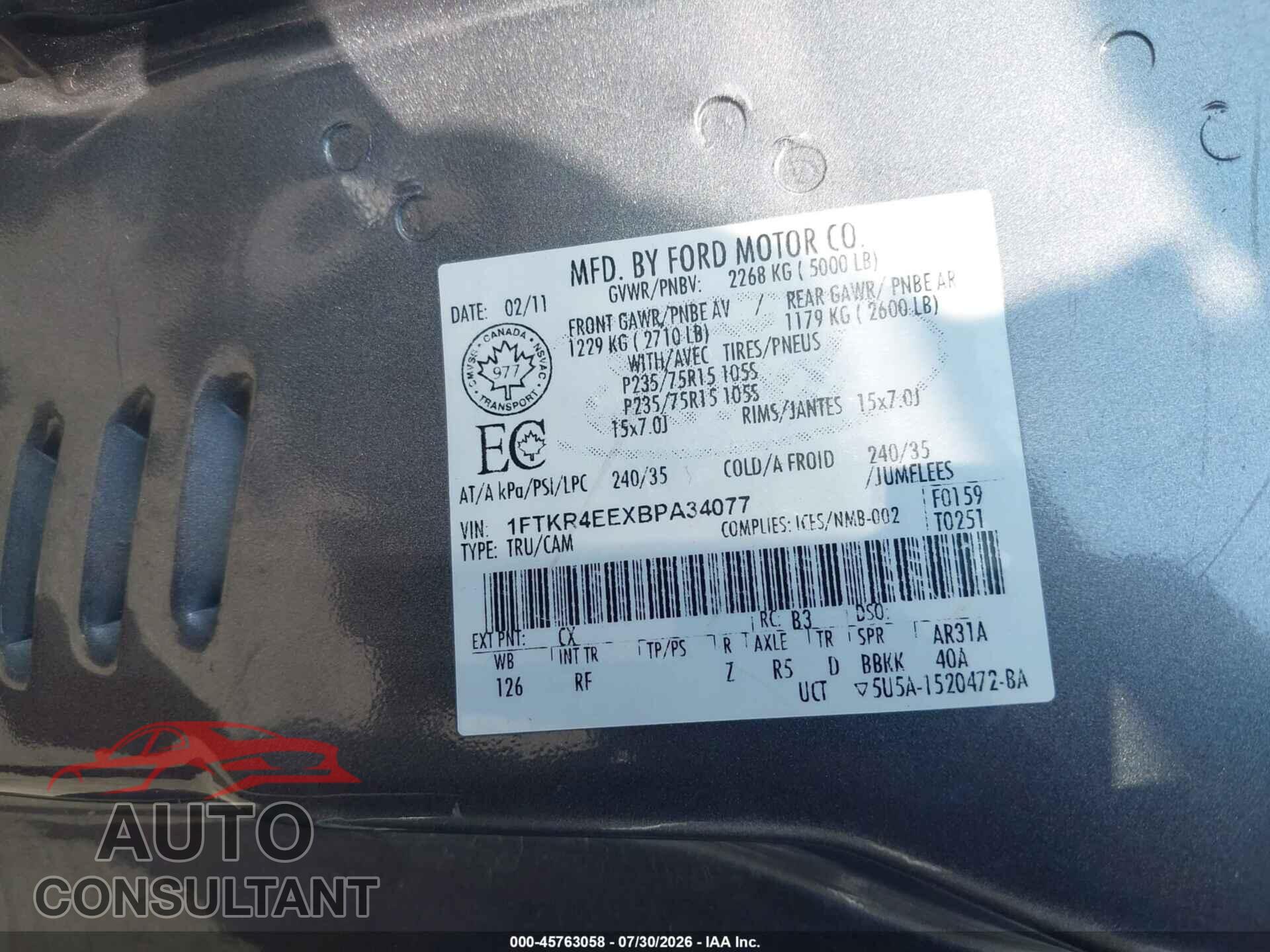 FORD RANGER 2011 - 1FTKR4EEXBPA34077