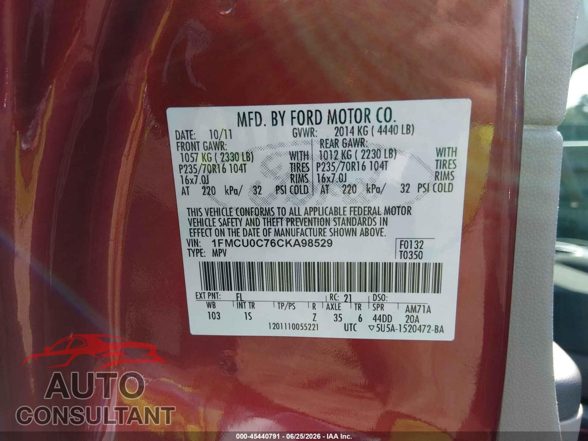 FORD ESCAPE 2012 - 1FMCU0C76CKA98529