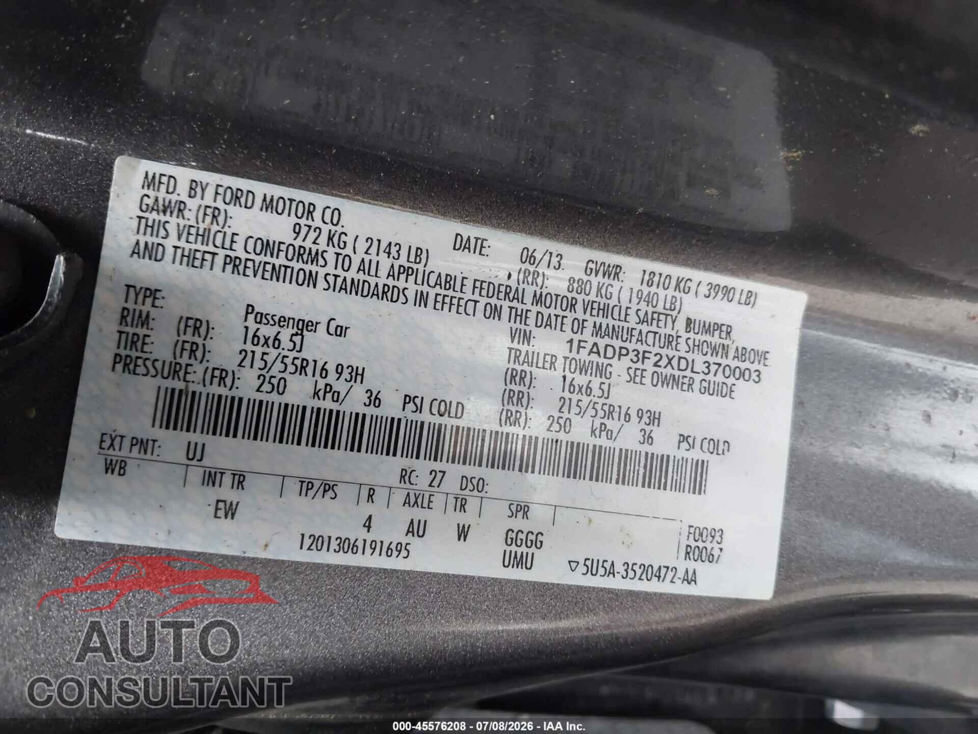 FORD FOCUS 2013 - 1FADP3F2XDL370003