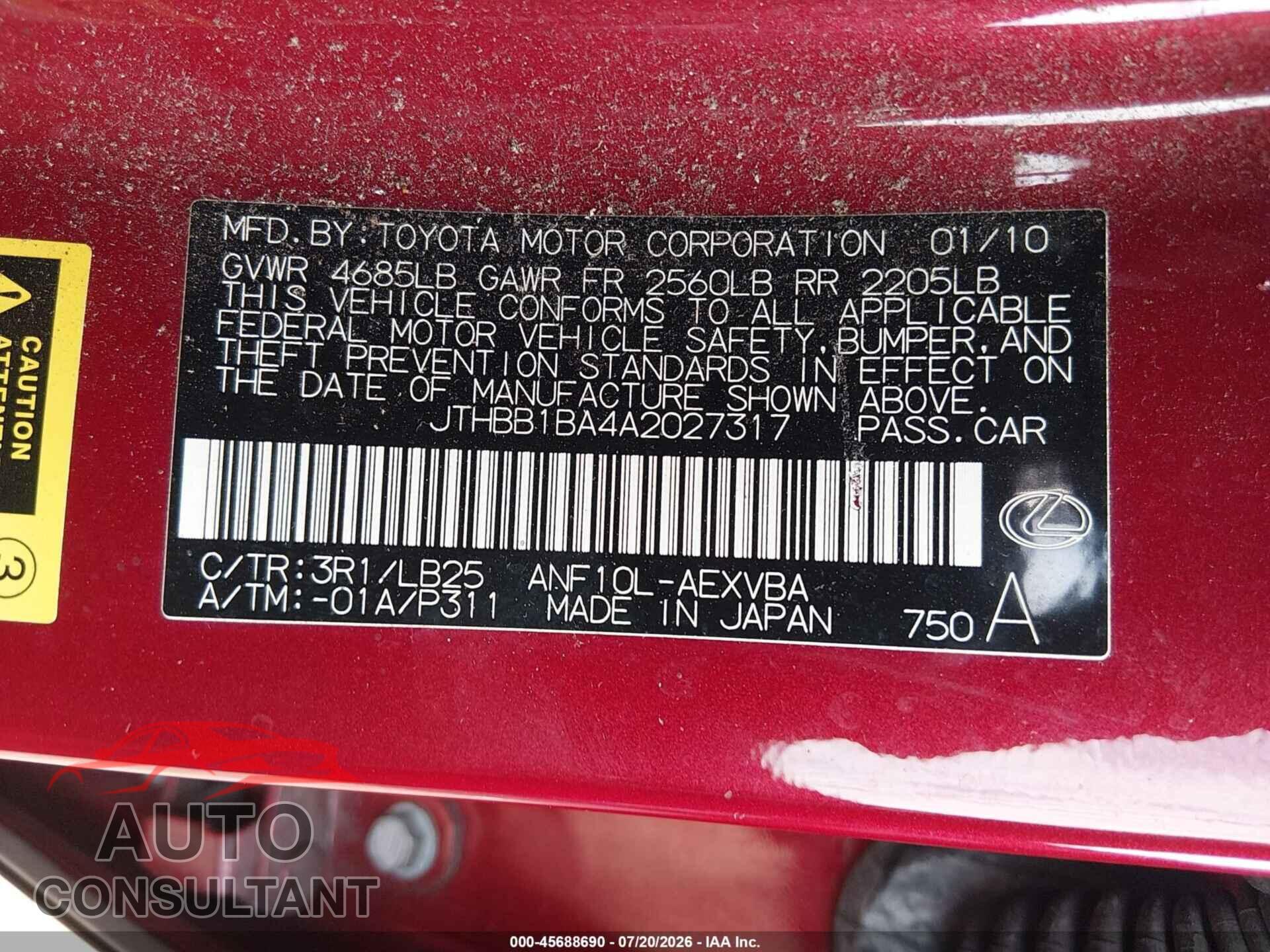 LEXUS HS 250H 2010 - JTHBB1BA4A2027317