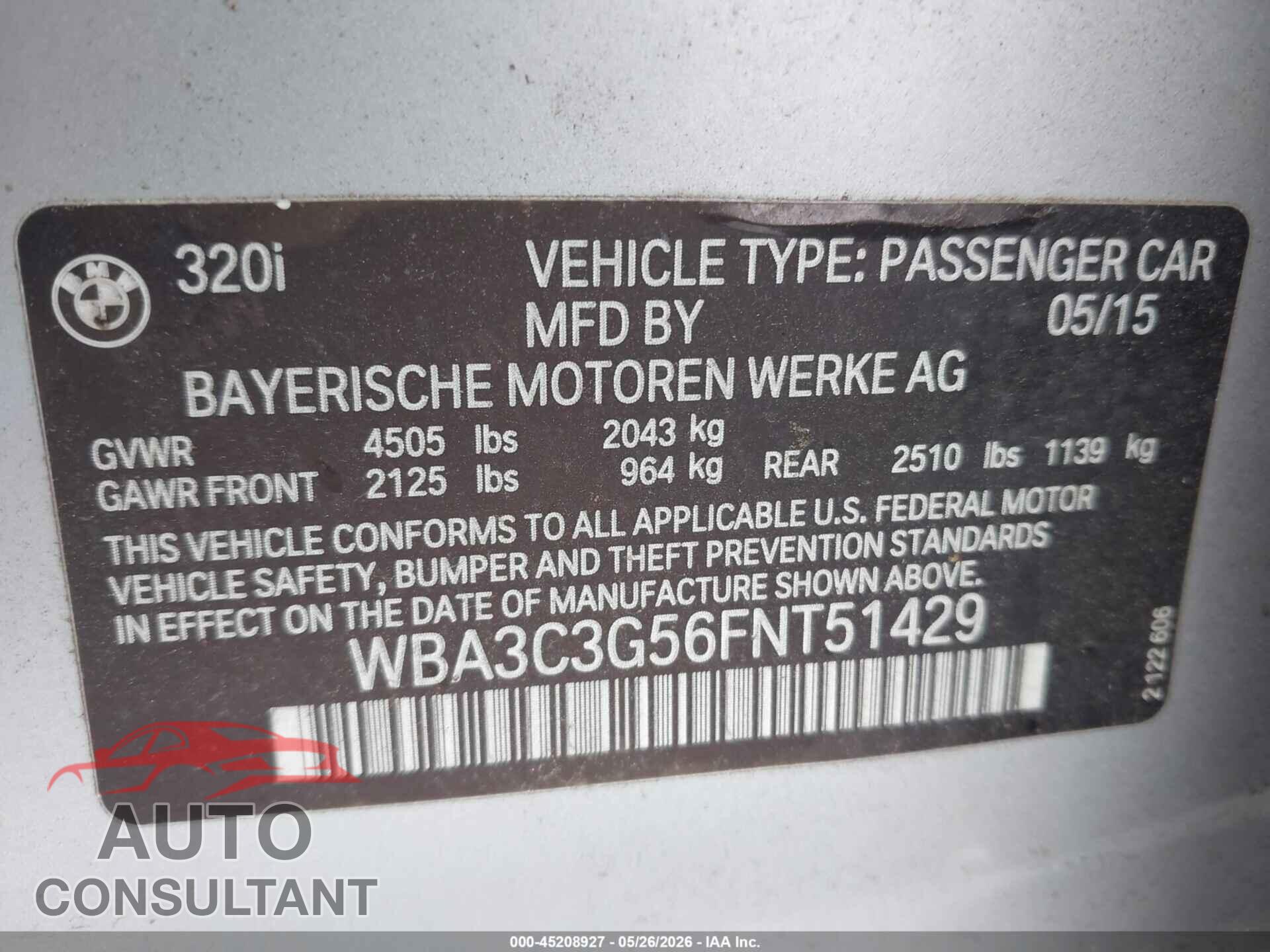 BMW 320I 2015 - WBA3C3G56FNT51429
