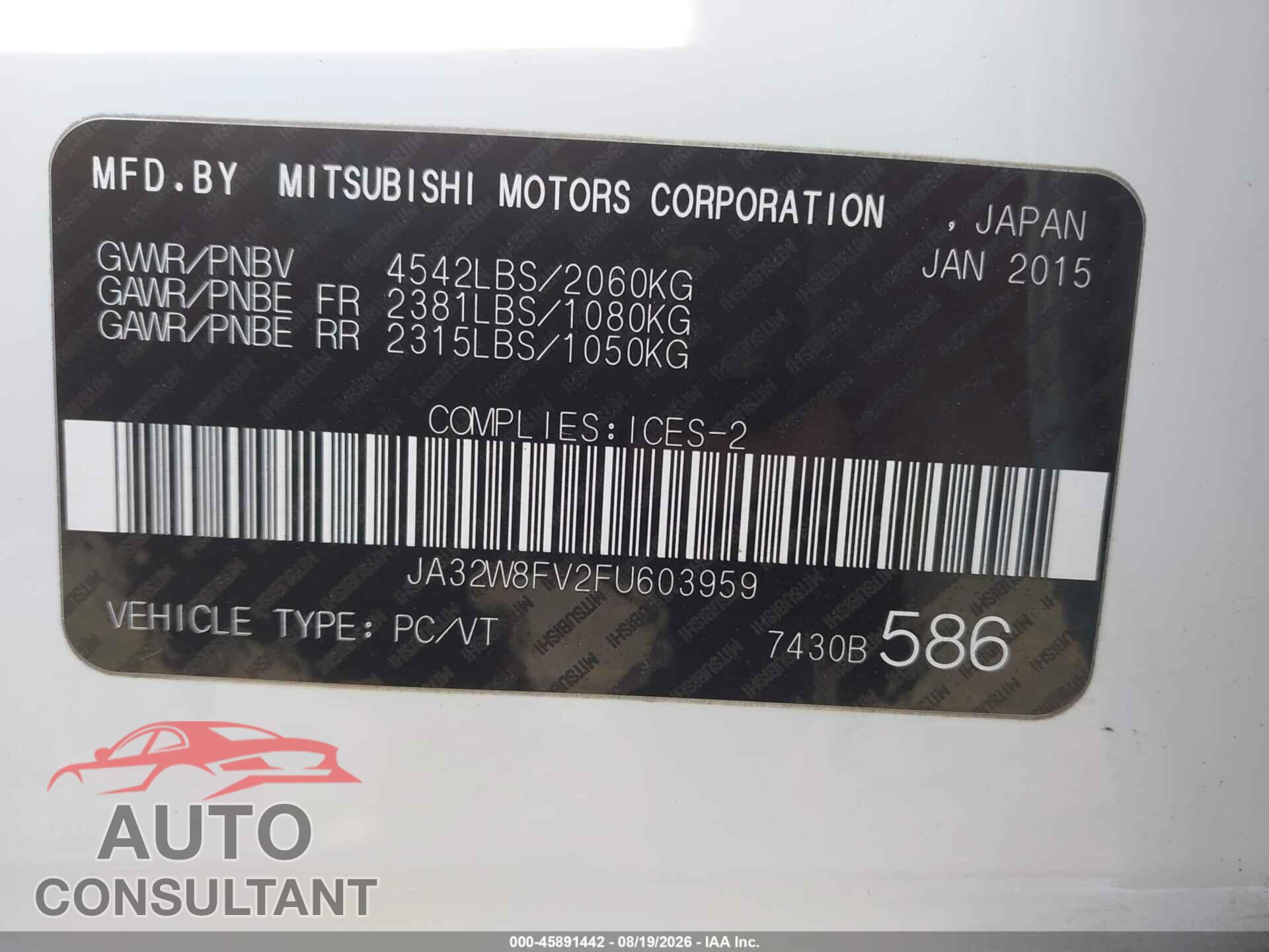 MITSUBISHI LANCER EVOLUTION 2015 - JA32W8FV2FU603959