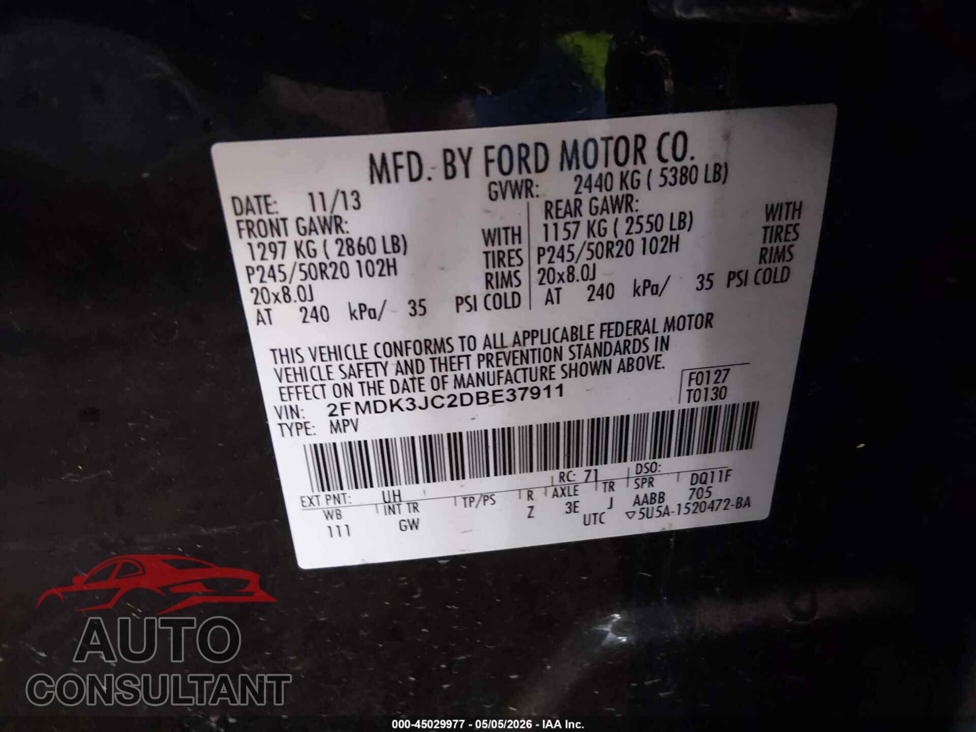 FORD EDGE 2013 - 2FMDK3JC2DBE37911