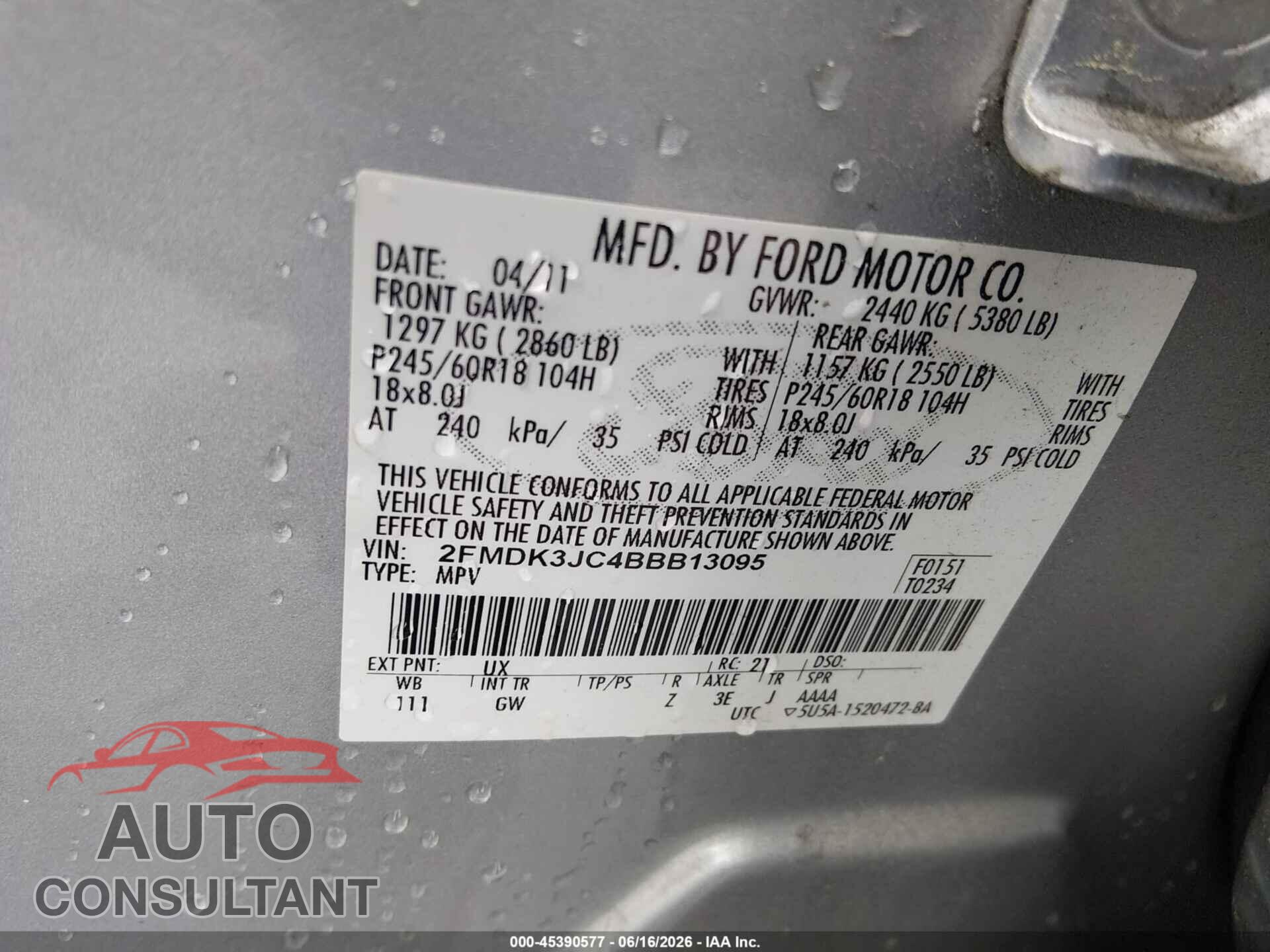 FORD EDGE 2011 - 2FMDK3JC4BBB13095