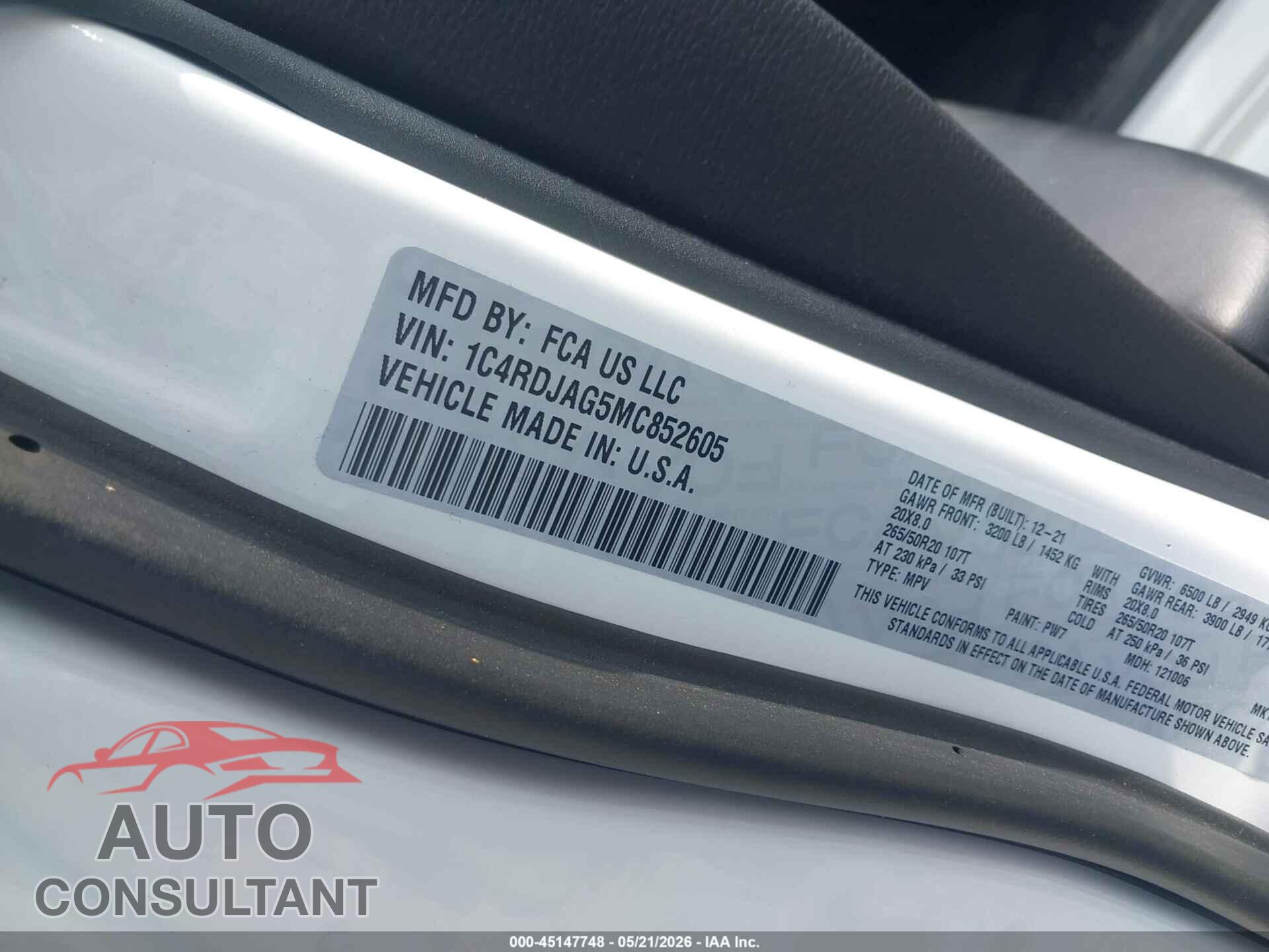 DODGE DURANGO 2021 - 1C4RDJAG5MC852605