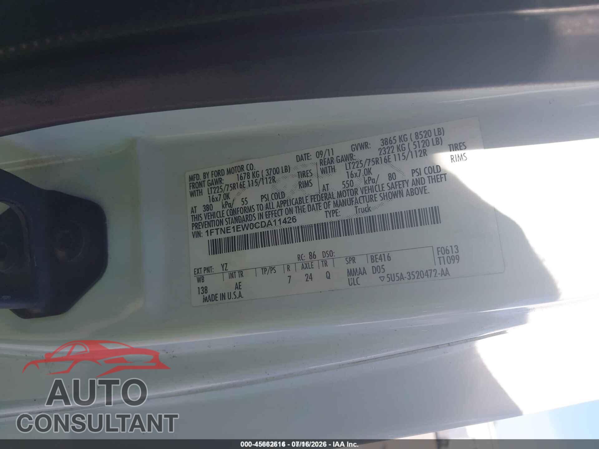 FORD E-150 2012 - 1FTNE1EW0CDA11426