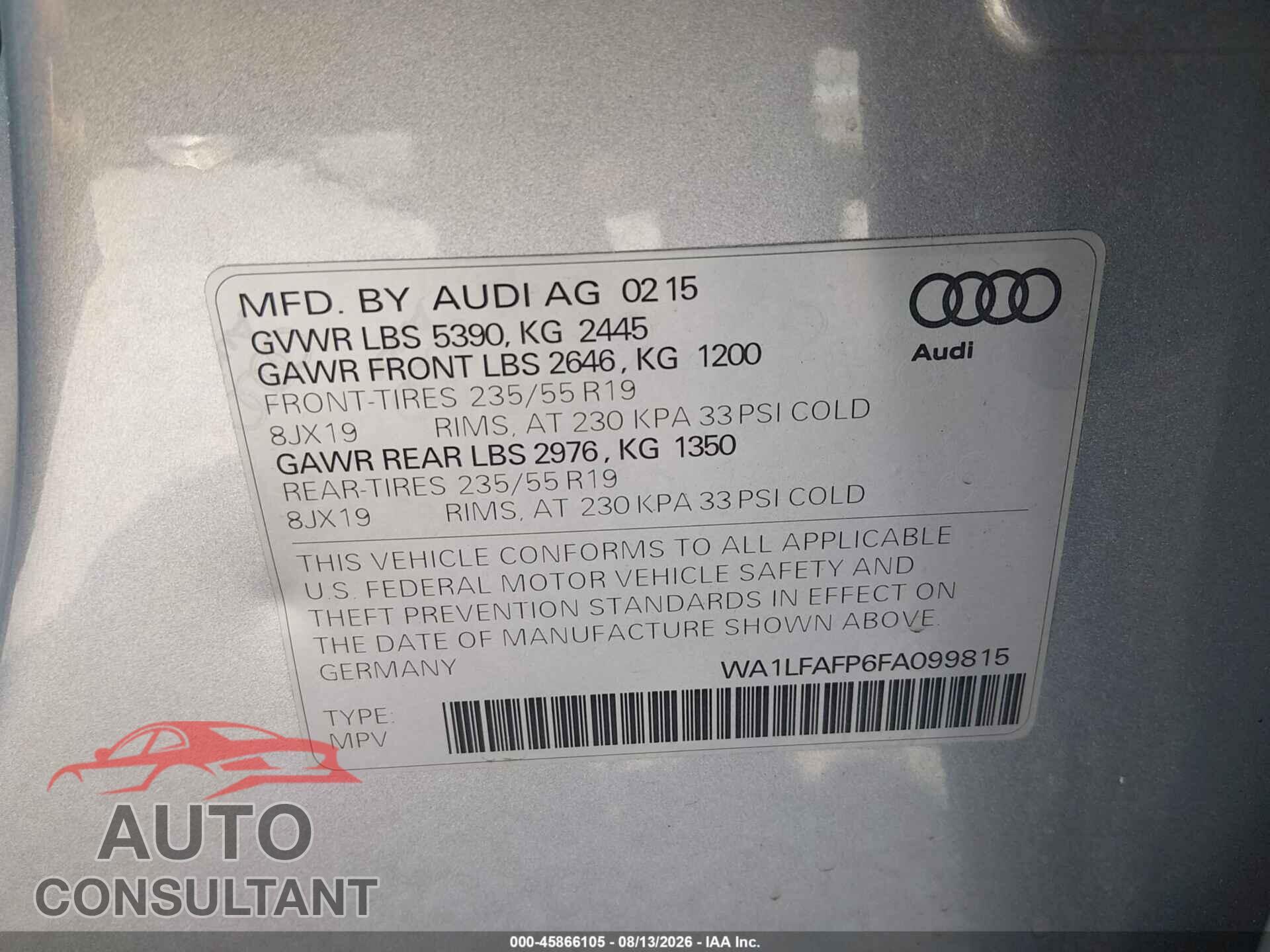 AUDI Q5 2015 - WA1LFAFP6FA099815