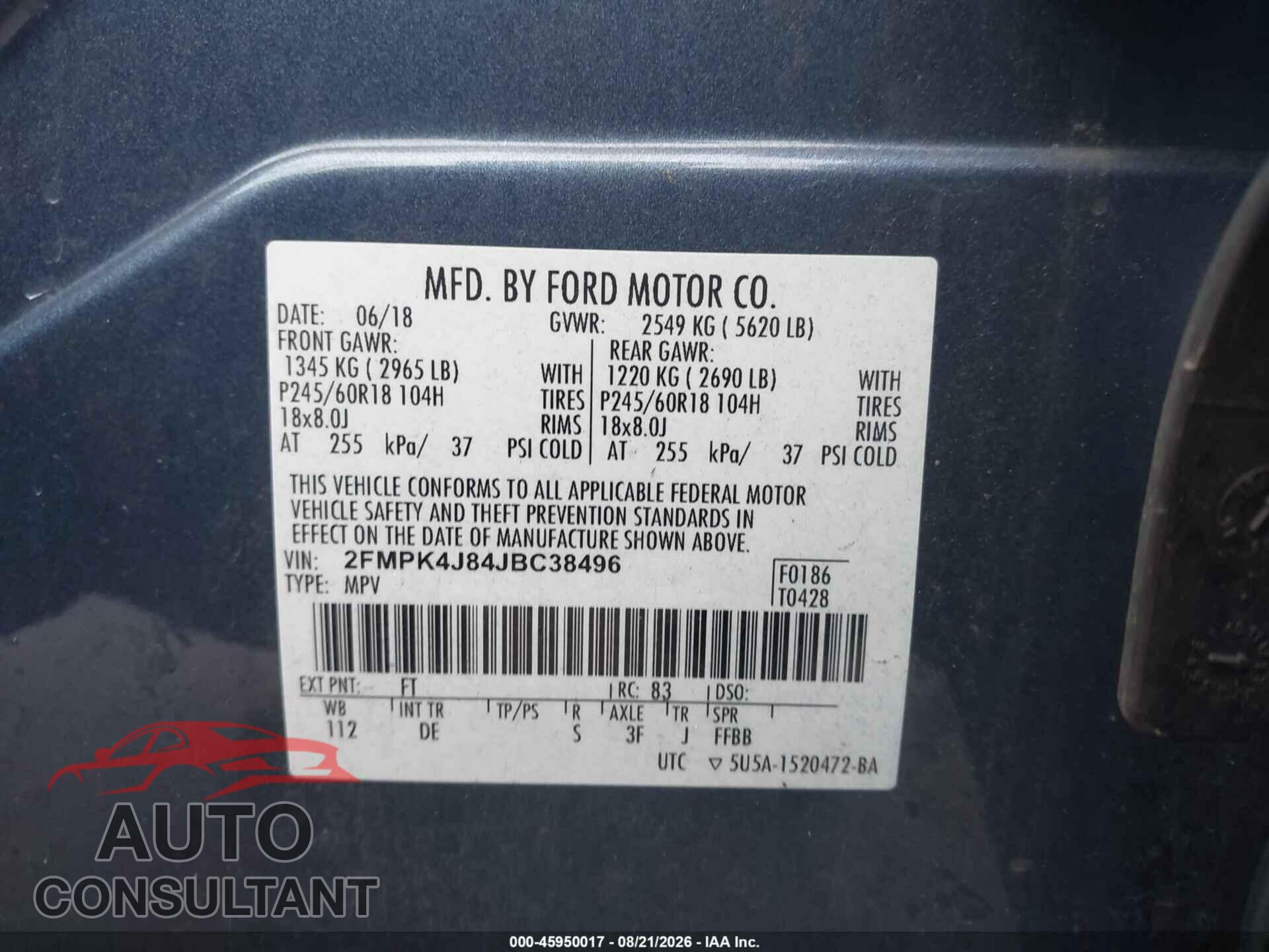 FORD EDGE 2018 - 2FMPK4J84JBC38496