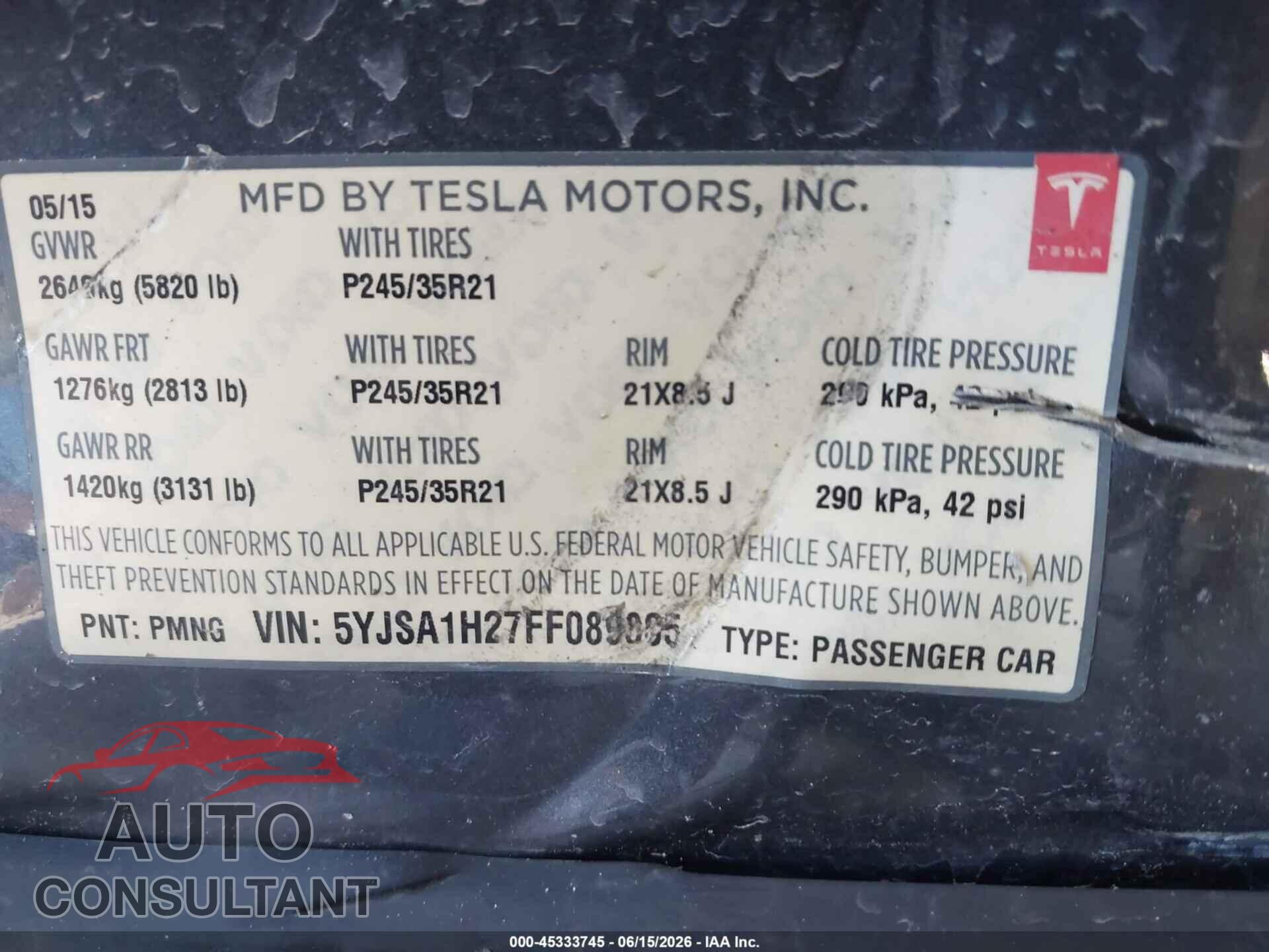 TESLA MODEL S 2015 - 5YJSA1H27FF089805
