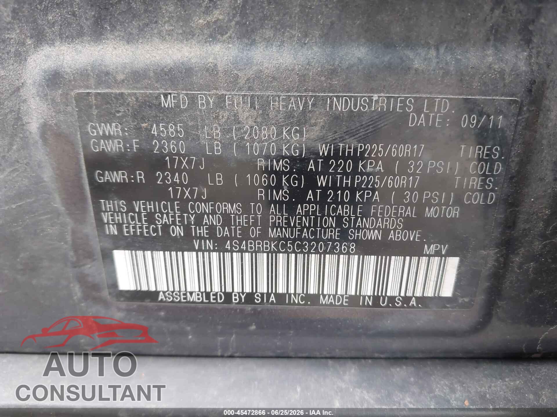 SUBARU OUTBACK 2012 - 4S4BRBKC5C3207368