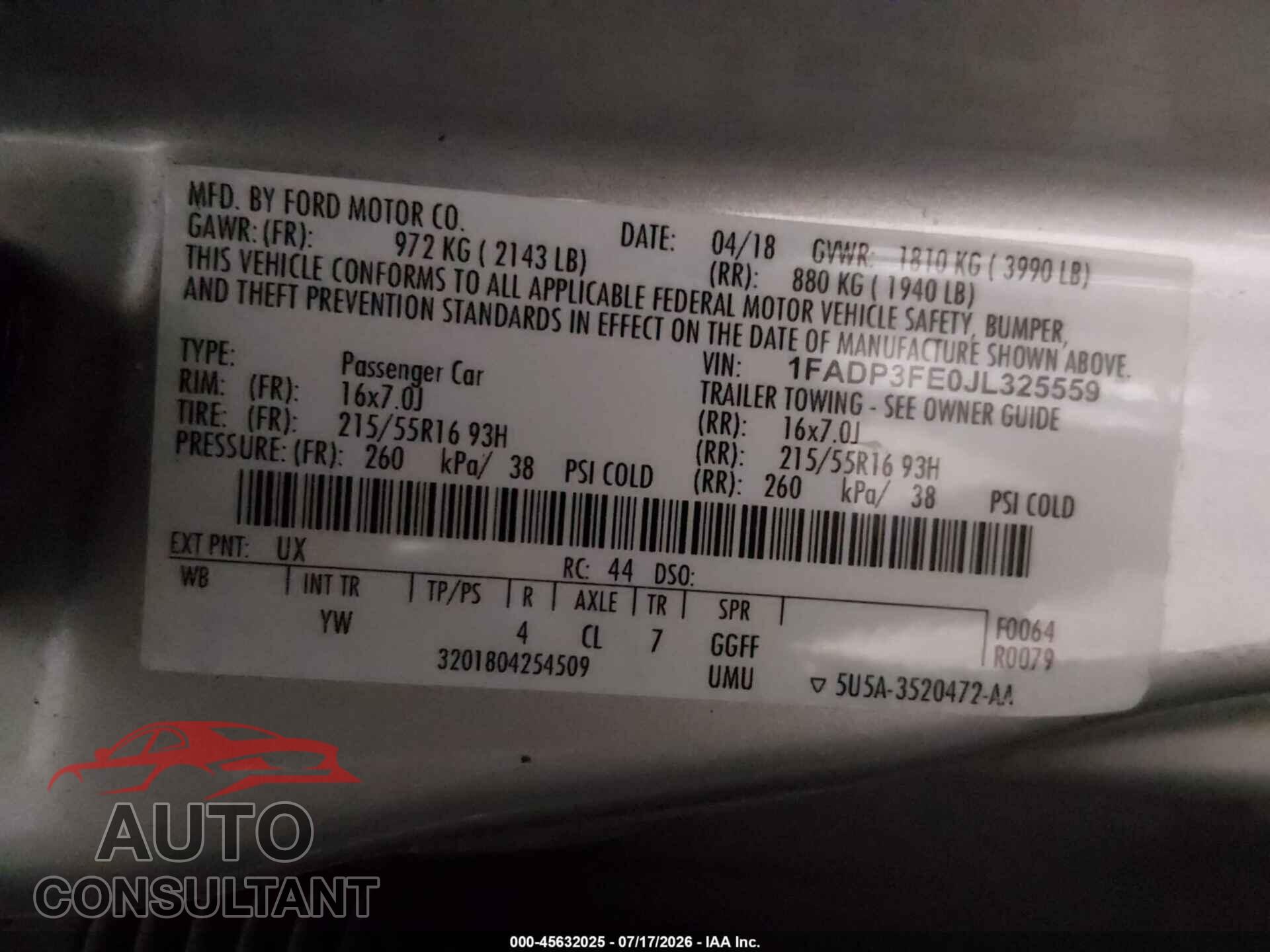 FORD FOCUS 2018 - 1FADP3FE0JL325559