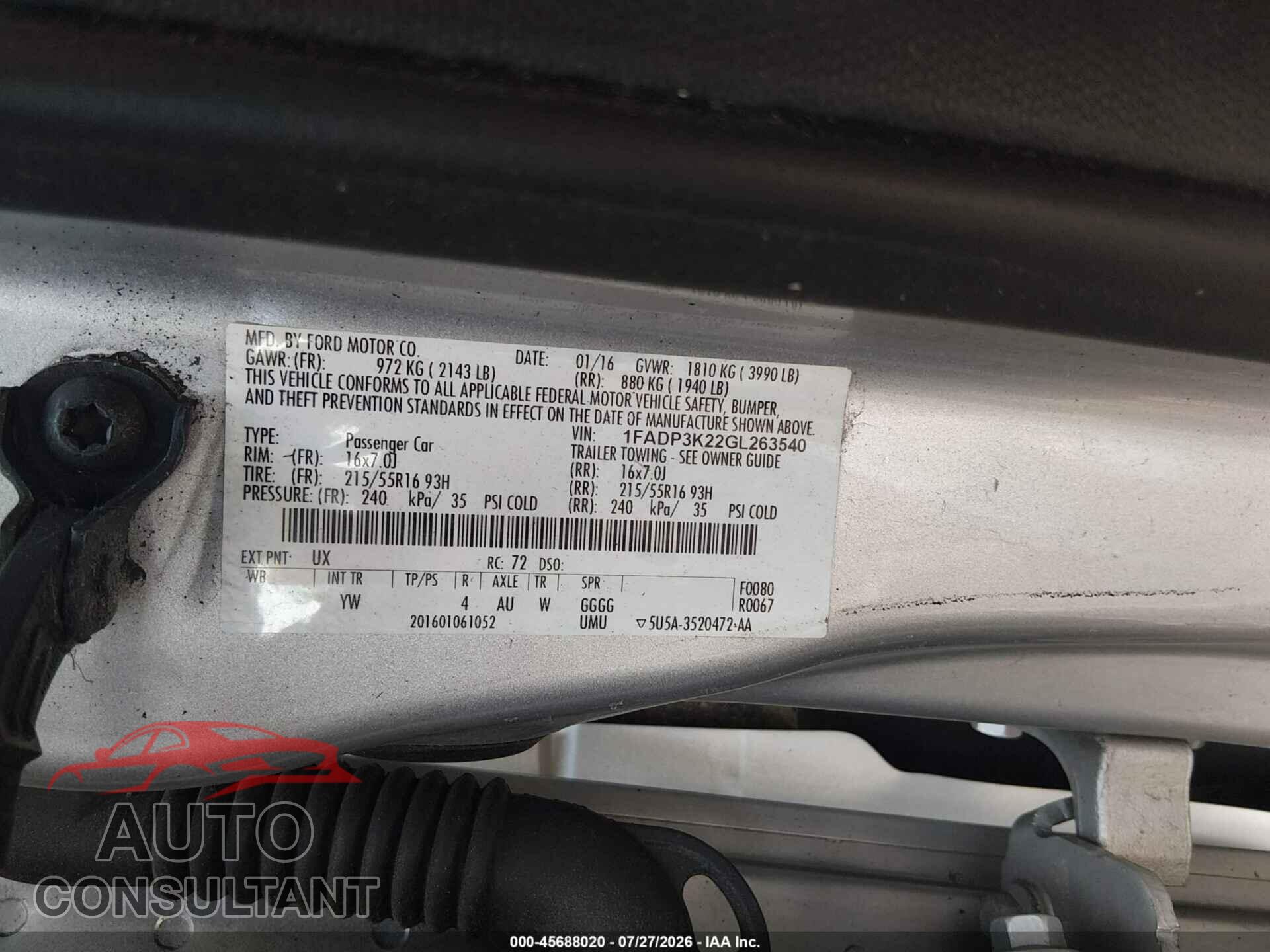 FORD FOCUS 2016 - 1FADP3K22GL263540