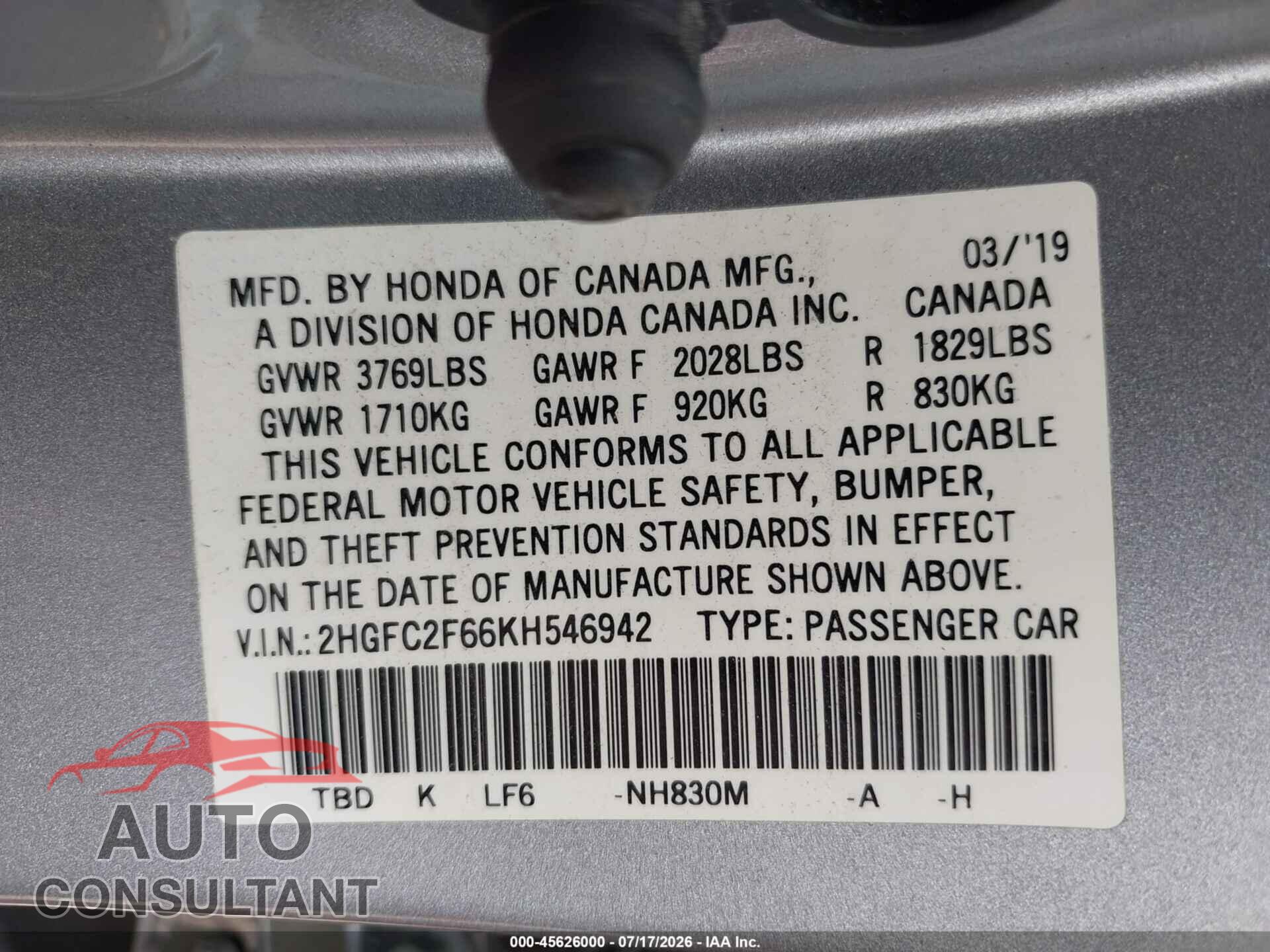 HONDA CIVIC 2019 - 2HGFC2F66KH546942