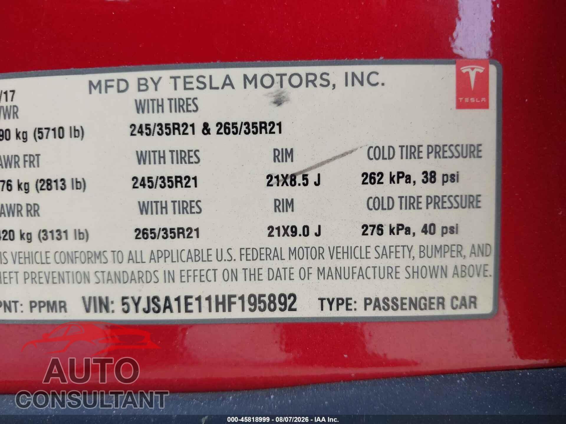 TESLA MODEL S 2017 - 5YJSA1E11HF195892