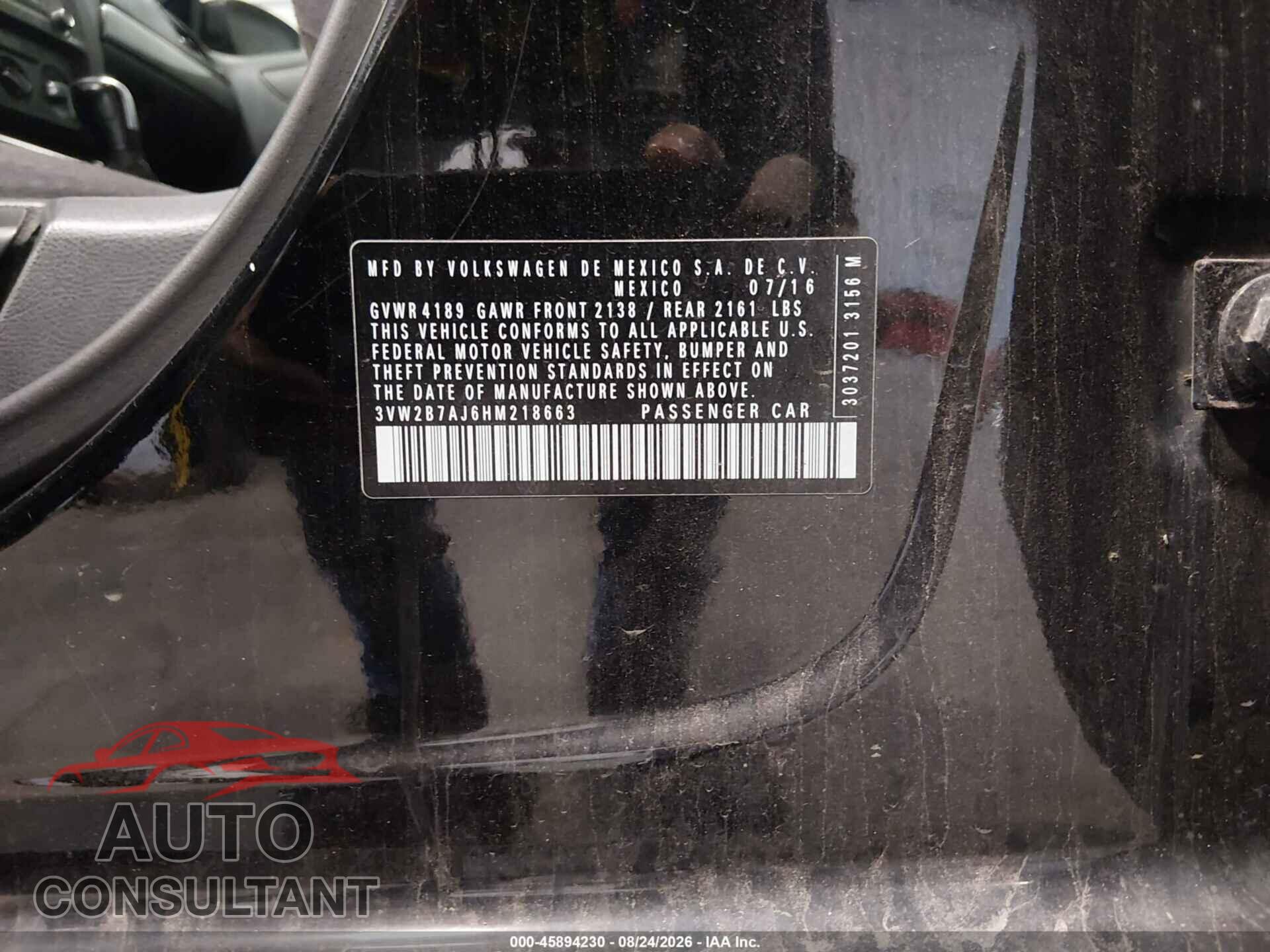 VOLKSWAGEN JETTA 2017 - 3VW2B7AJ6HM218663