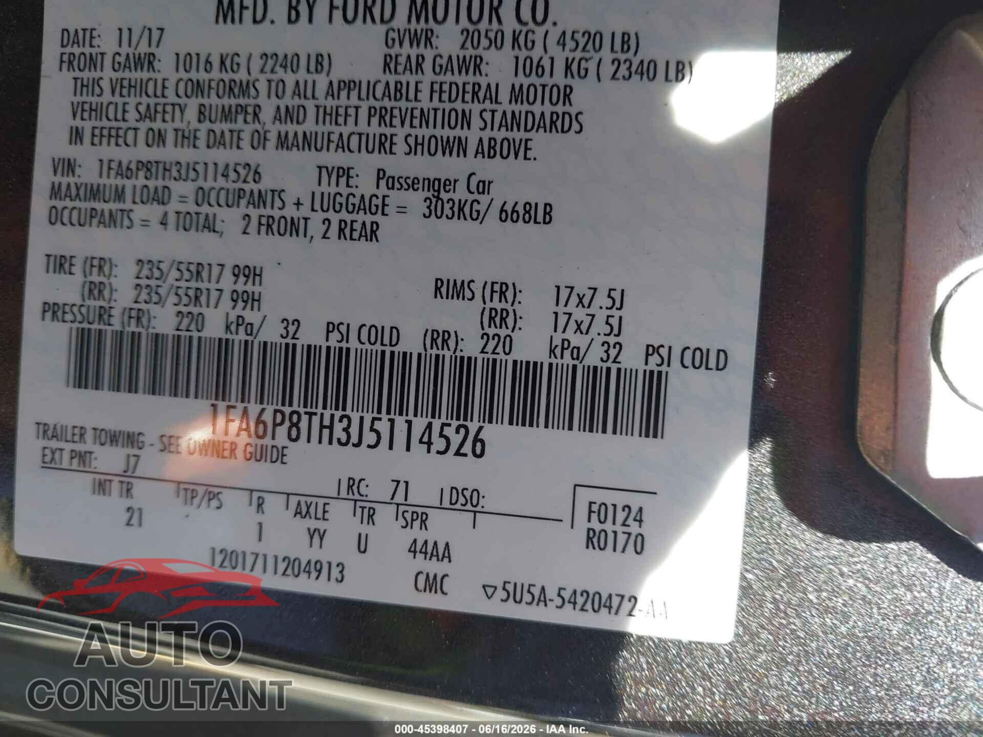 FORD MUSTANG 2018 - 1FA6P8TH3J5114526