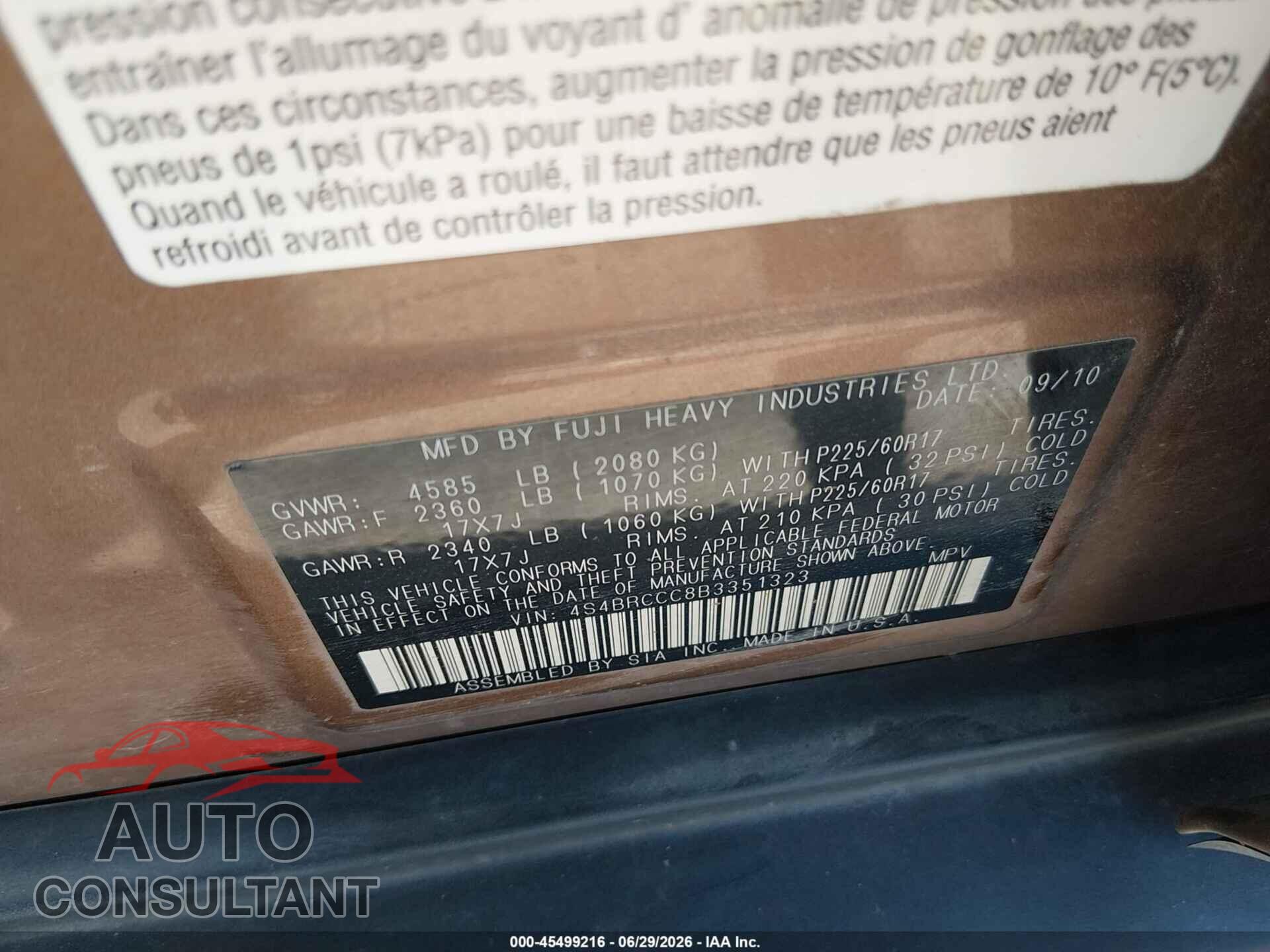 SUBARU OUTBACK 2011 - 4S4BRCCC8B3351323