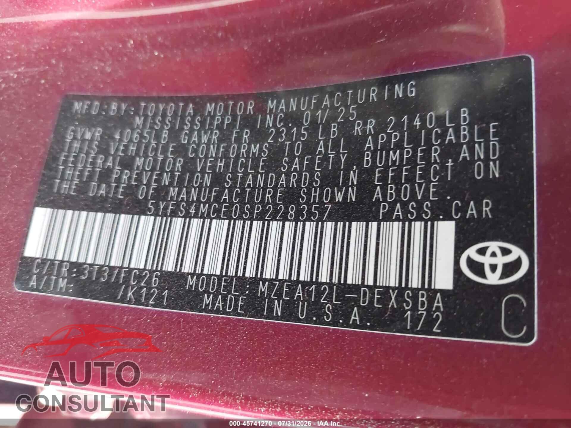 TOYOTA COROLLA 2025 - 5YFS4MCE0SP228357