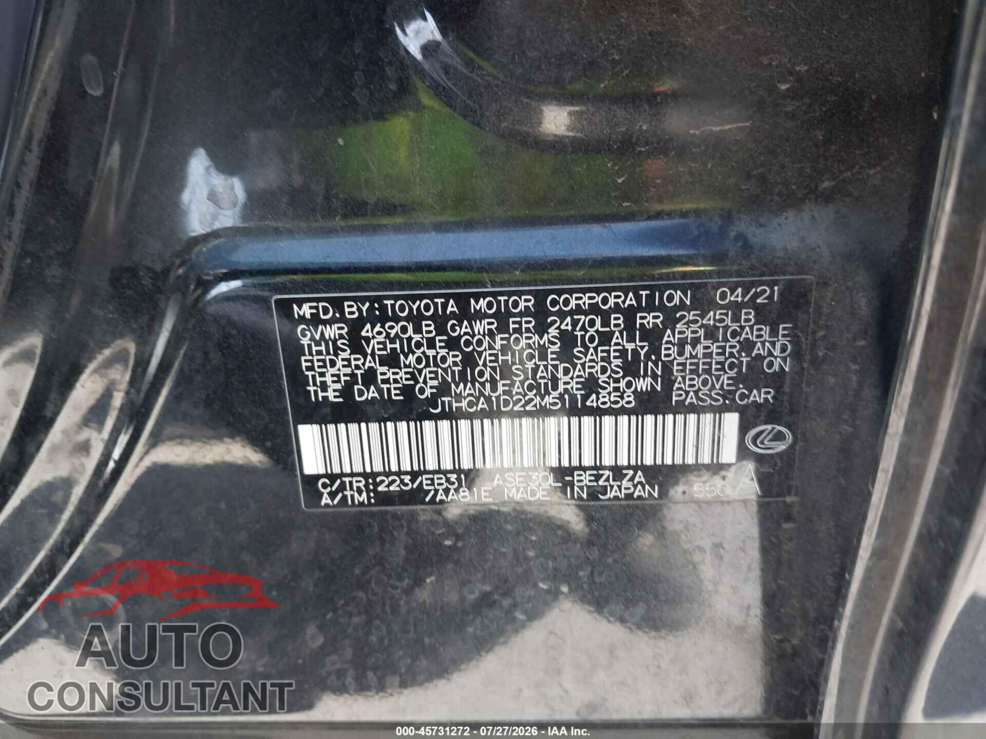 LEXUS IS 300 2021 - JTHCA1D22M5114858