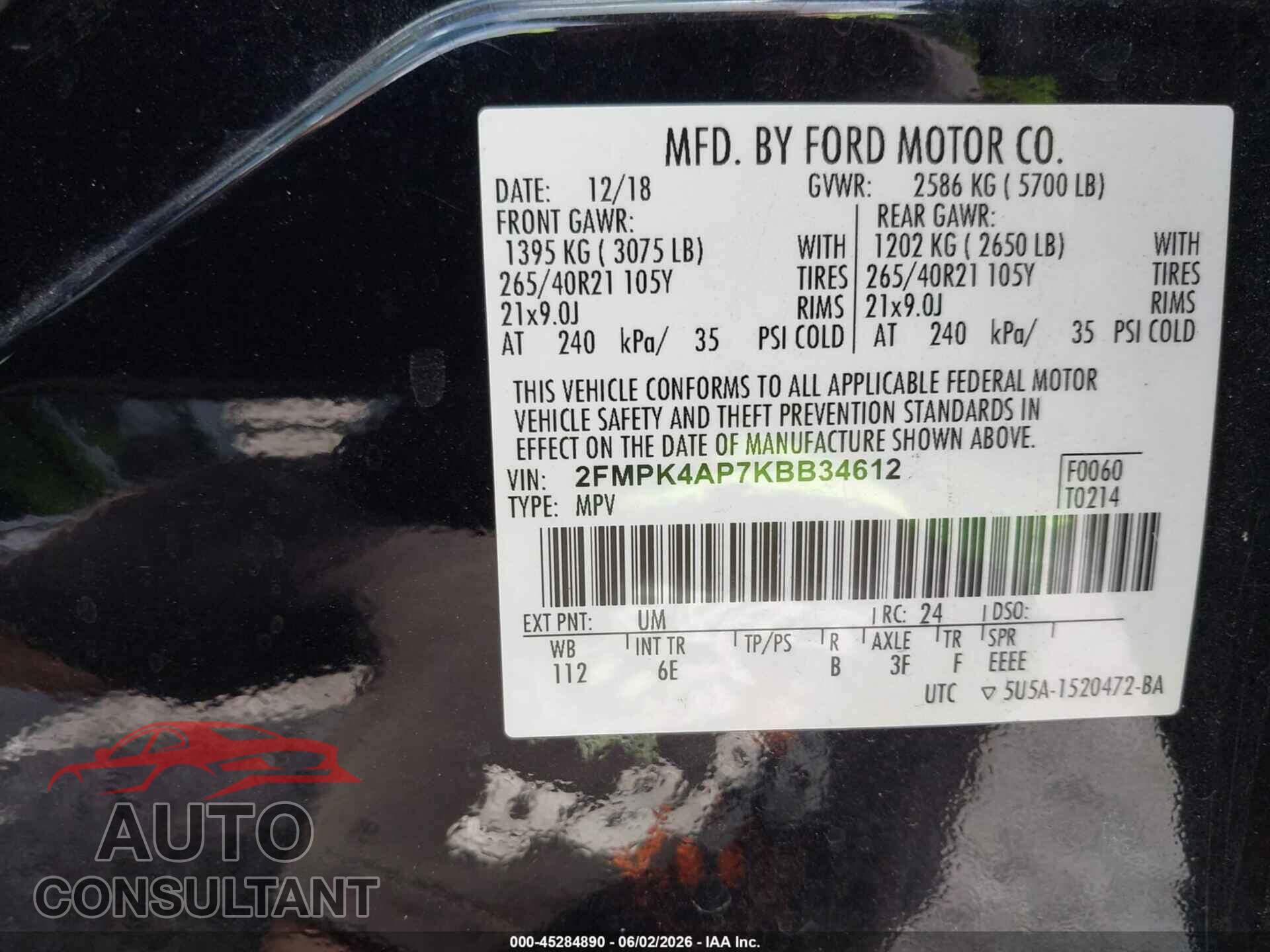 FORD EDGE 2019 - 2FMPK4AP7KBB34612