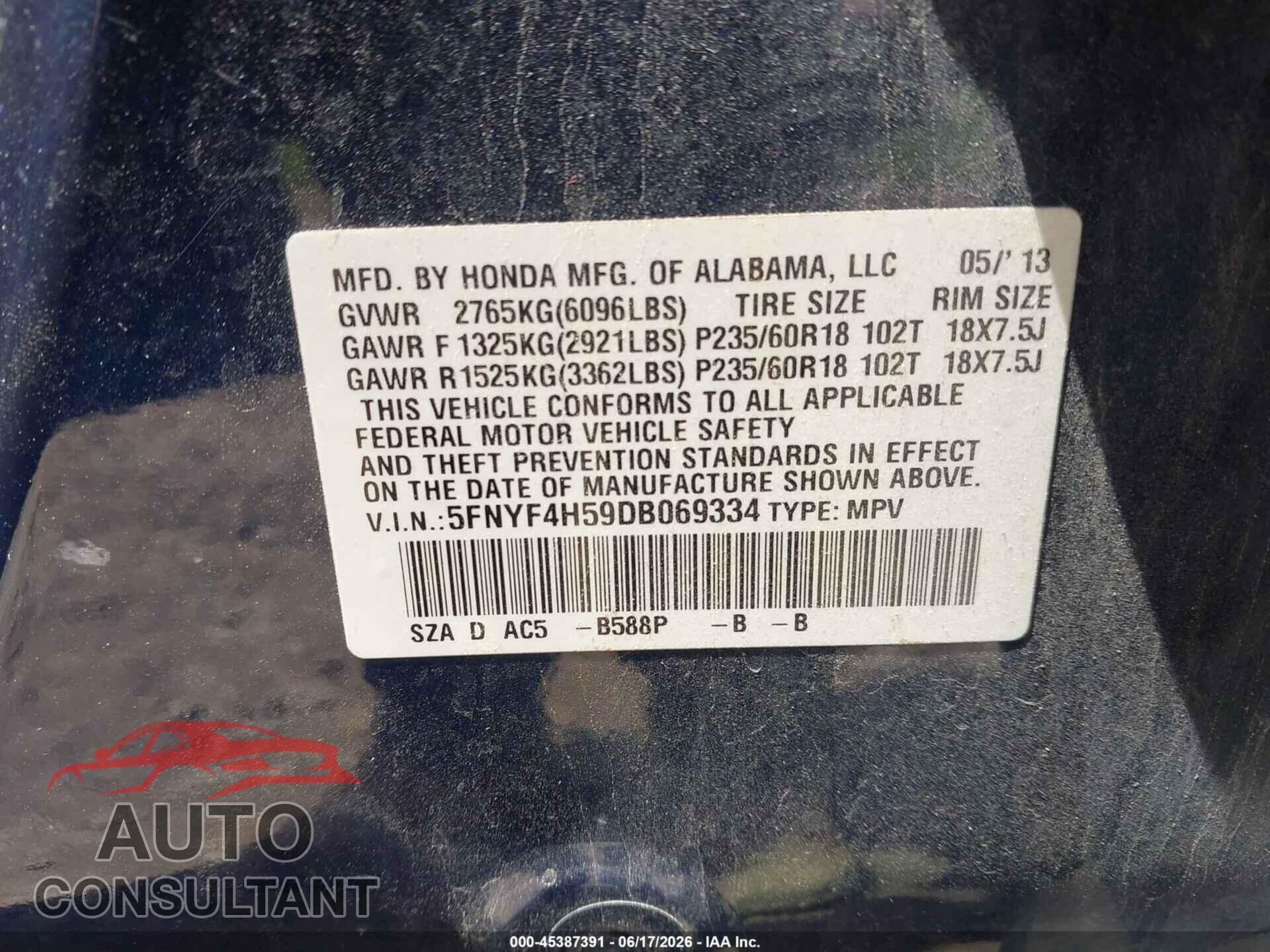 HONDA PILOT 2013 - 5FNYF4H59DB069334