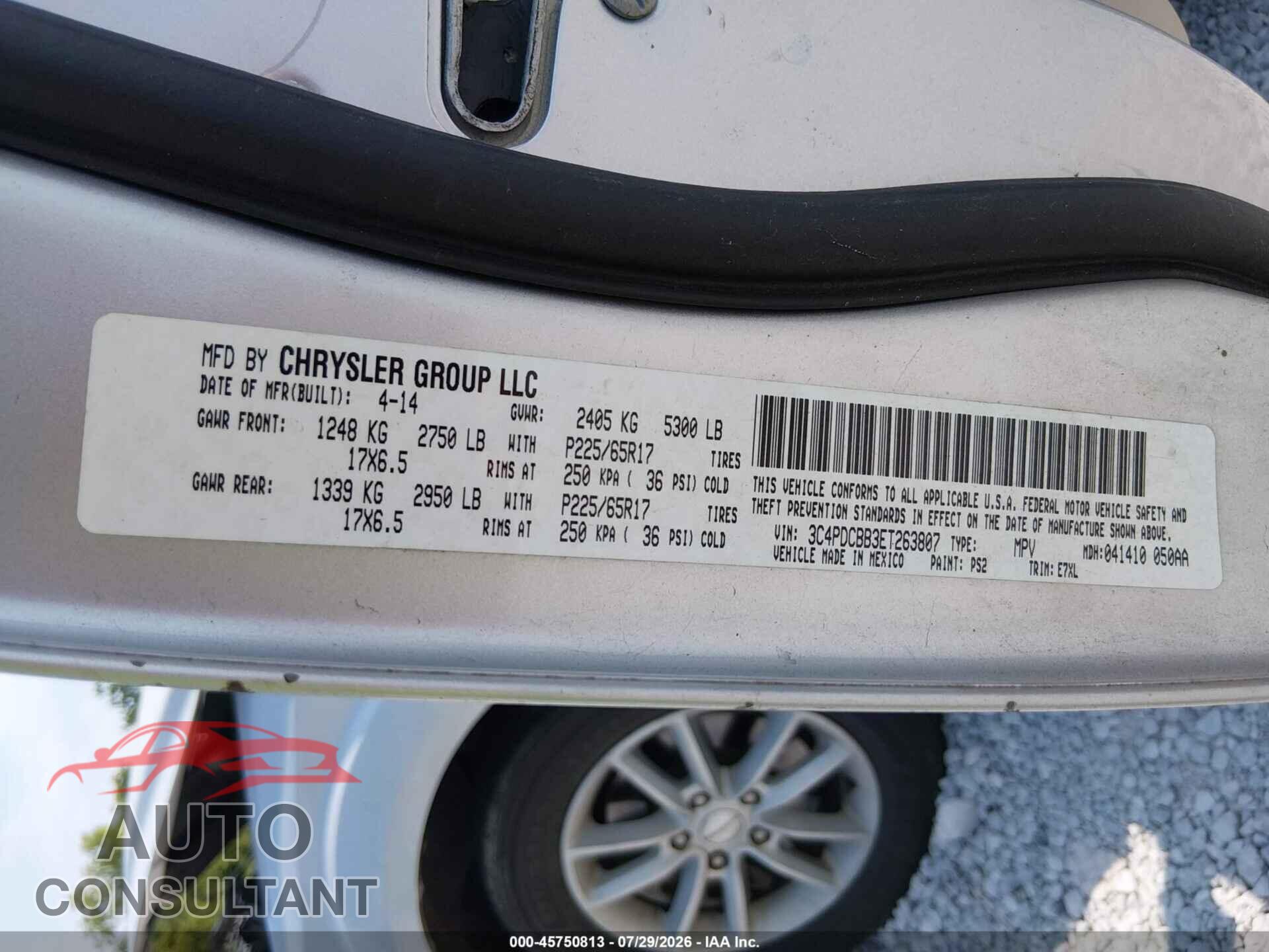 DODGE JOURNEY 2014 - 3C4PDCBB3ET263807