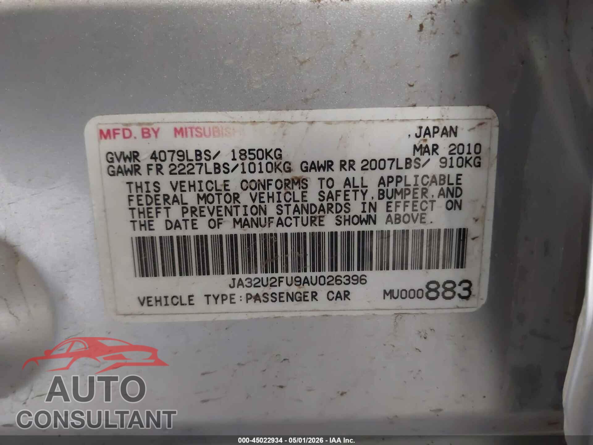 MITSUBISHI LANCER 2010 - JA32U2FU9AU026396