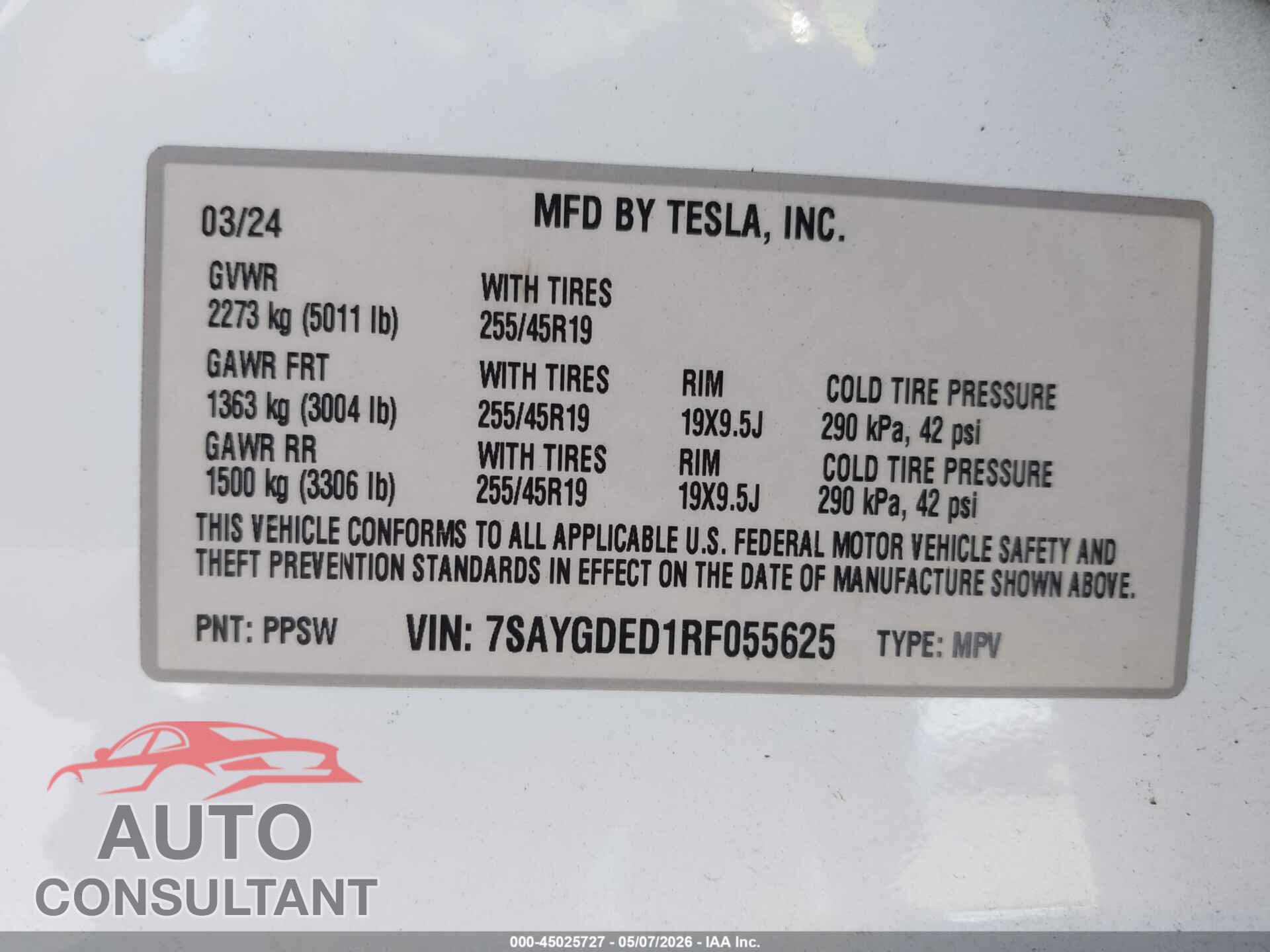 TESLA MODEL Y 2024 - 7SAYGDED1RF055625
