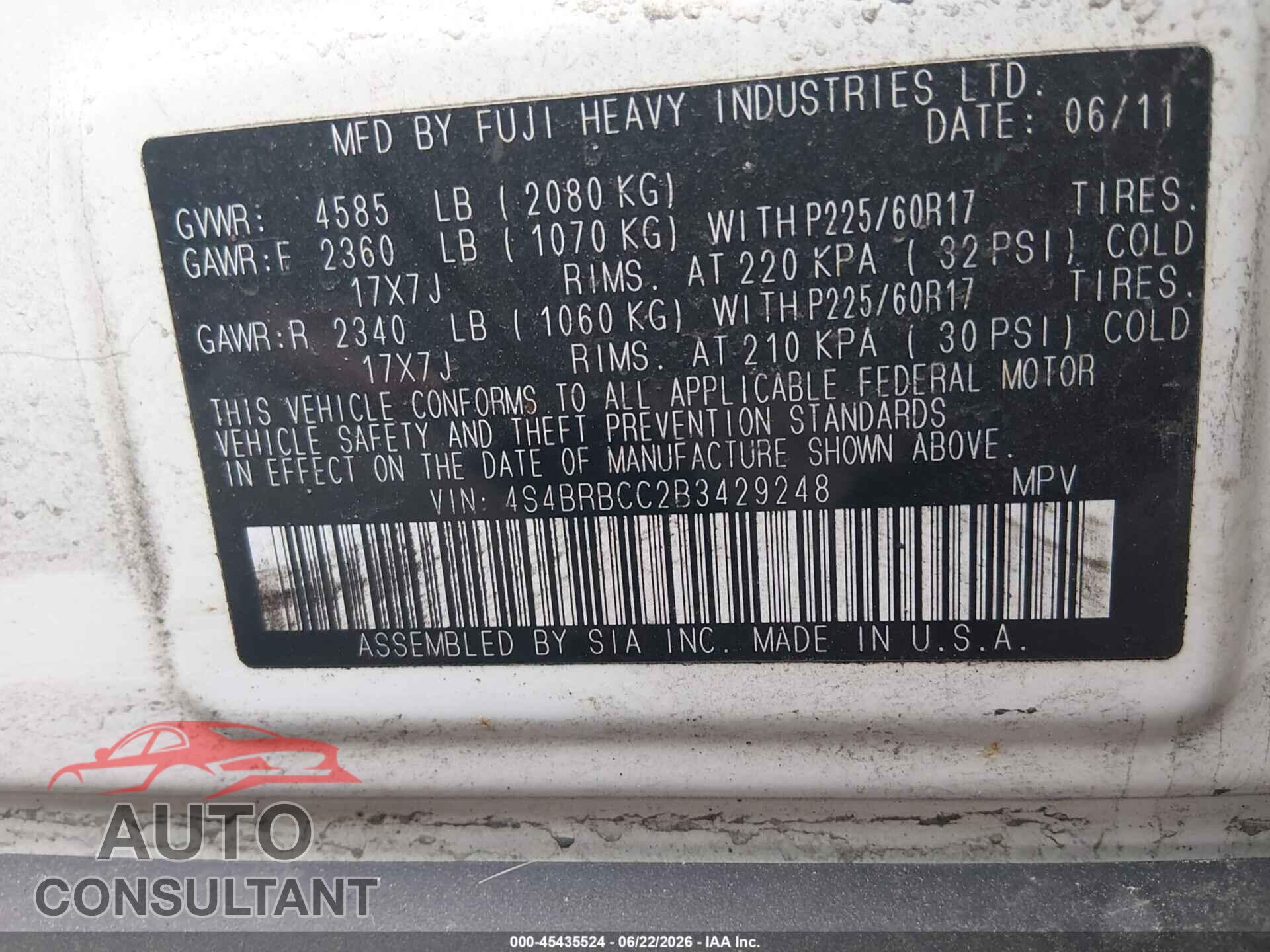 SUBARU OUTBACK 2011 - 4S4BRBCC2B3429248