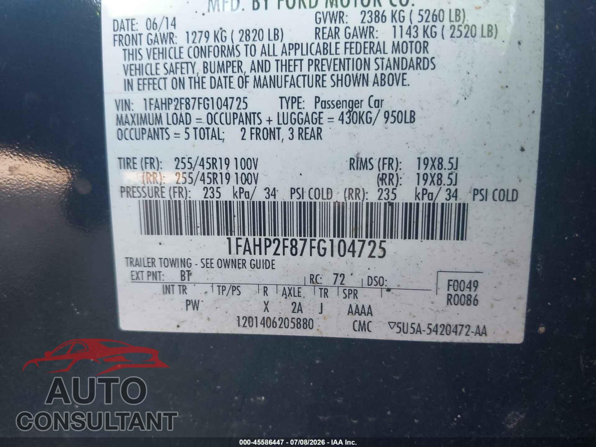 FORD TAURUS 2015 - 1FAHP2F87FG104725