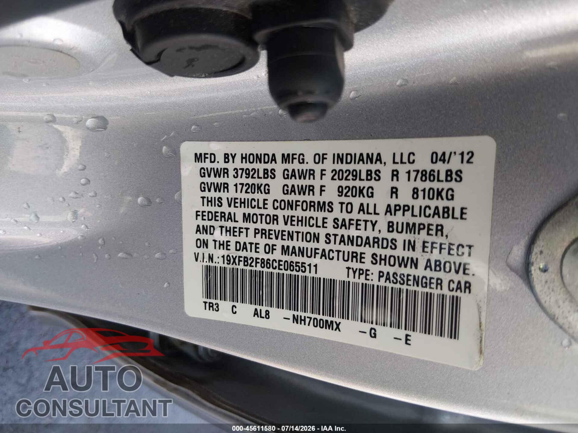 HONDA CIVIC 2012 - 19XFB2F86CE065511