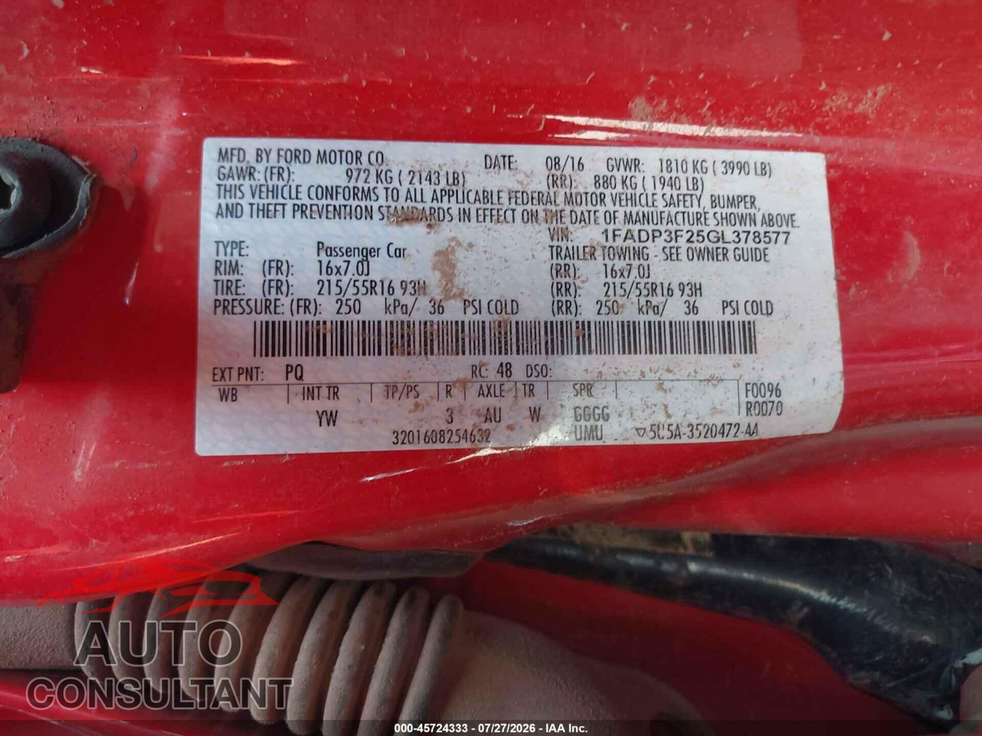 FORD FOCUS 2016 - 1FADP3F25GL378577