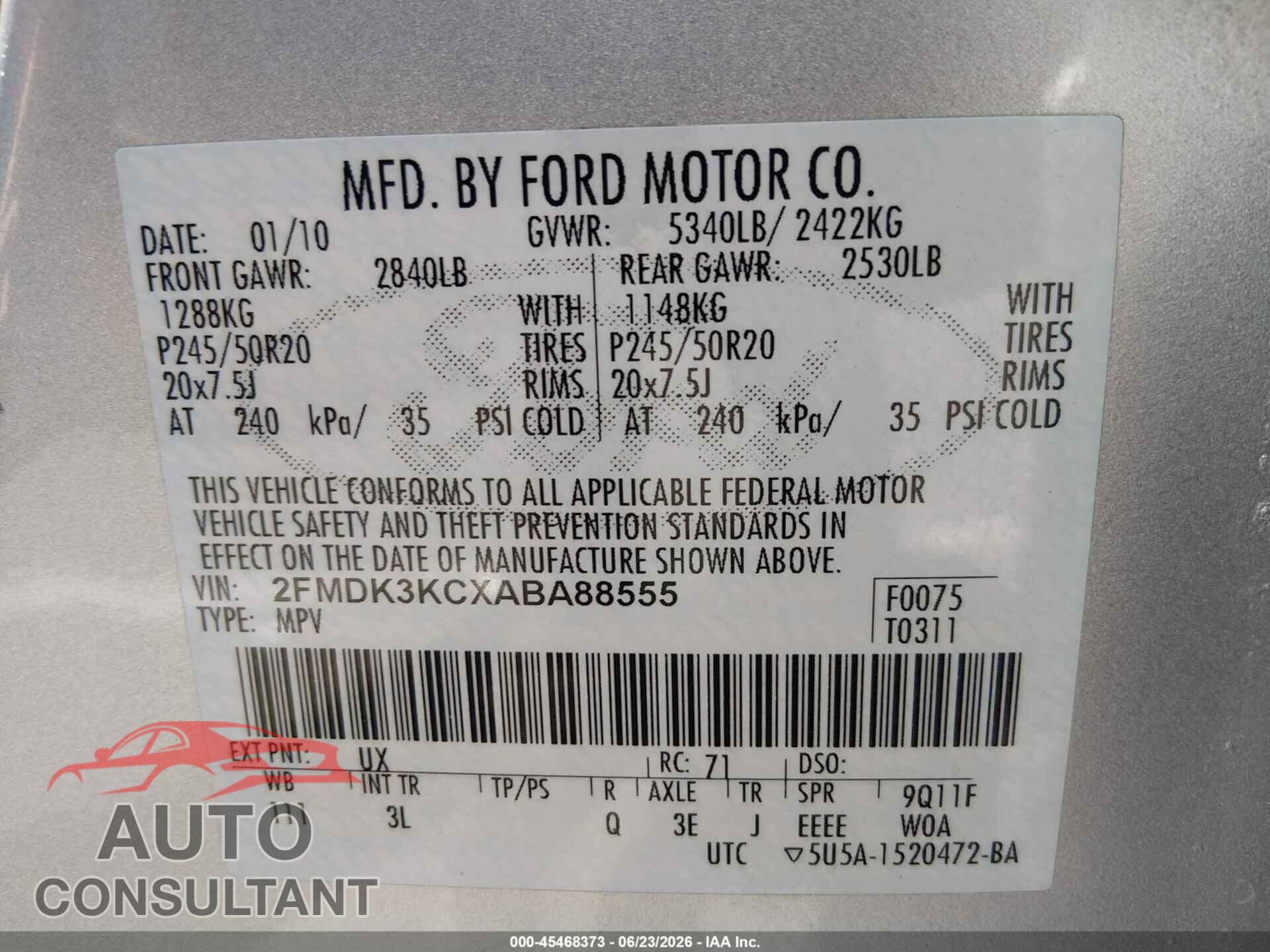 FORD EDGE 2010 - 2FMDK3KCXABA88555