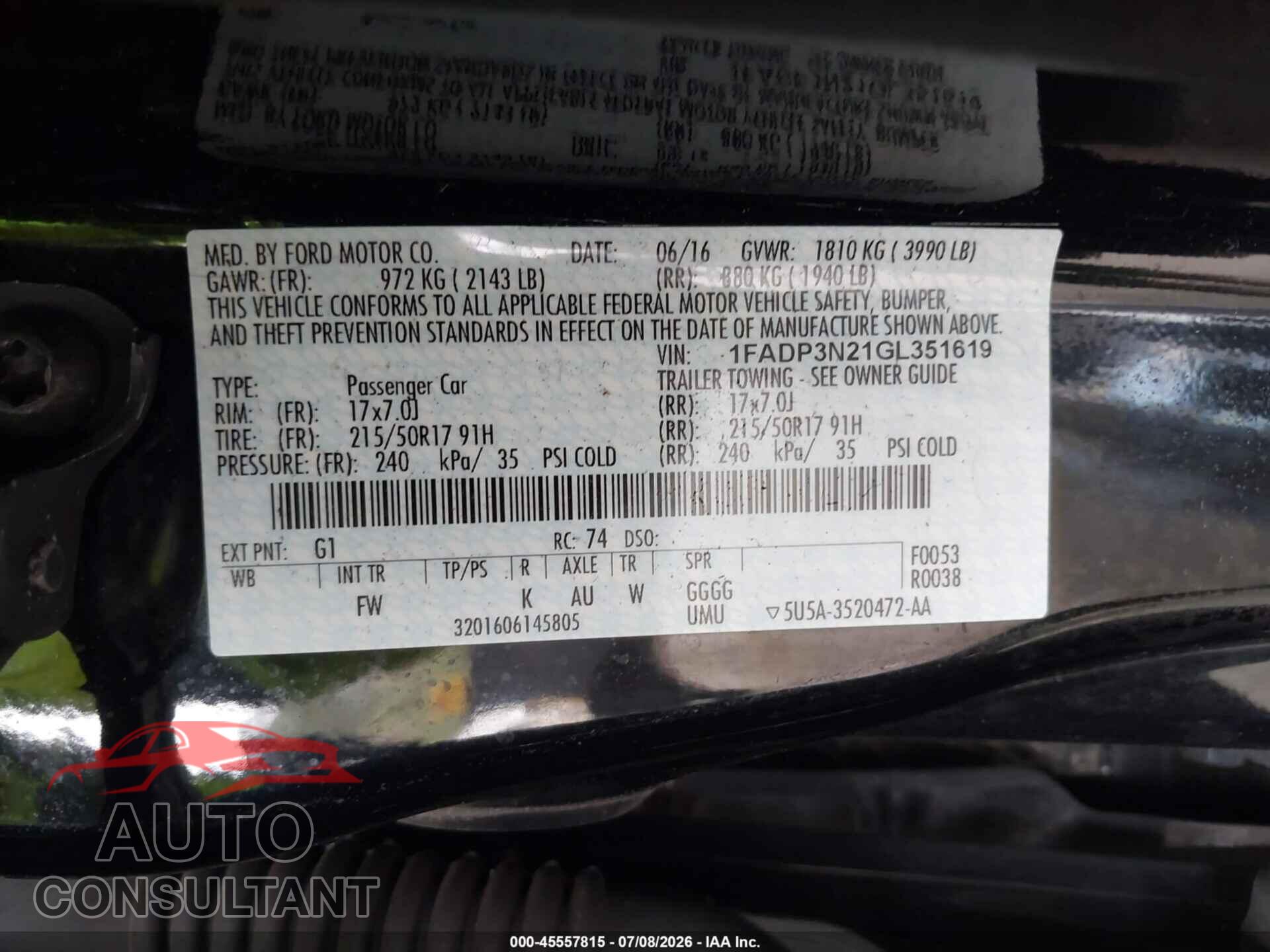 FORD FOCUS 2016 - 1FADP3N21GL351619
