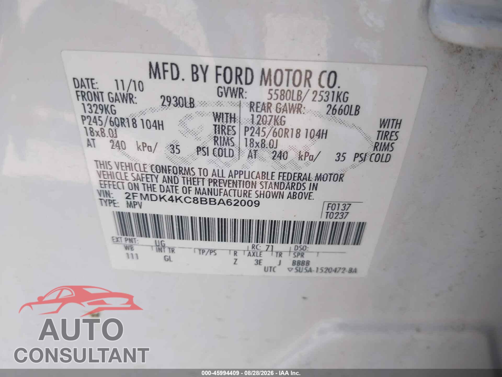 FORD EDGE 2011 - 2FMDK4KC8BBA62009