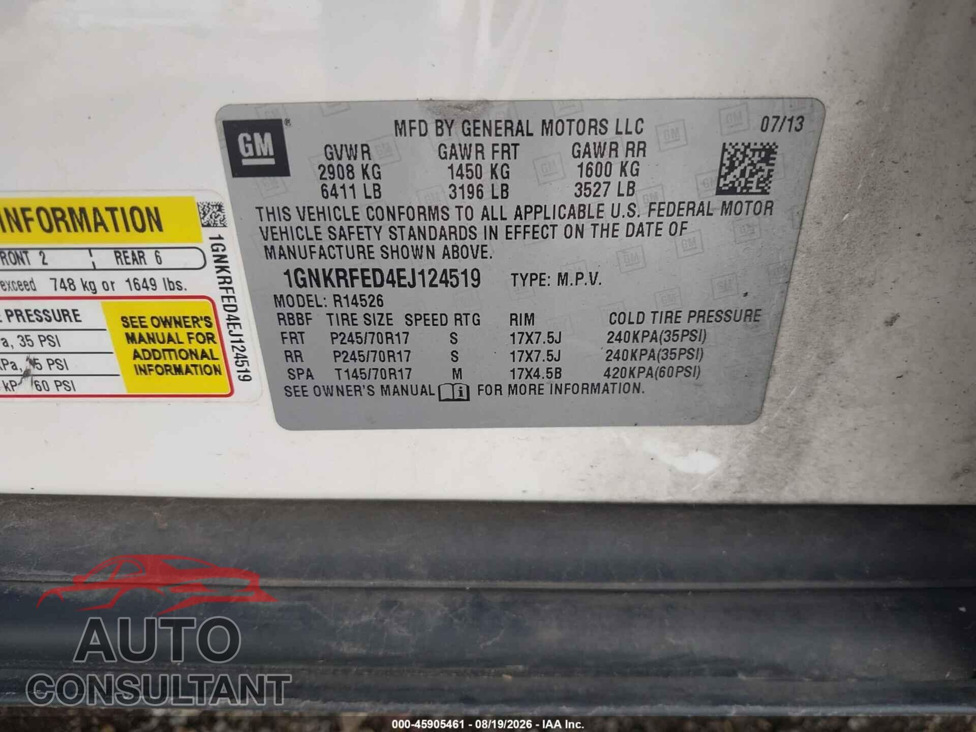 CHEVROLET TRAVERSE 2014 - 1GNKRFED4EJ124519