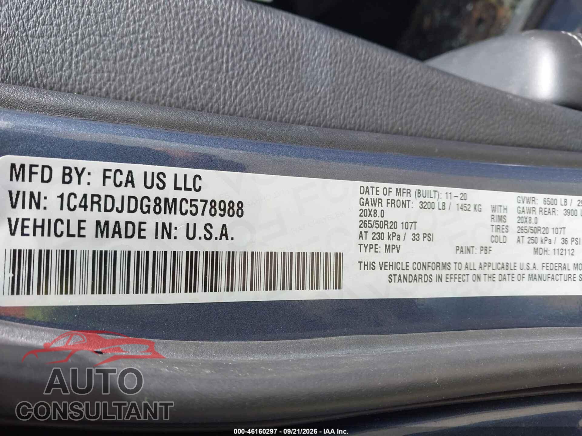 DODGE DURANGO 2021 - 1C4RDJDG8MC578988