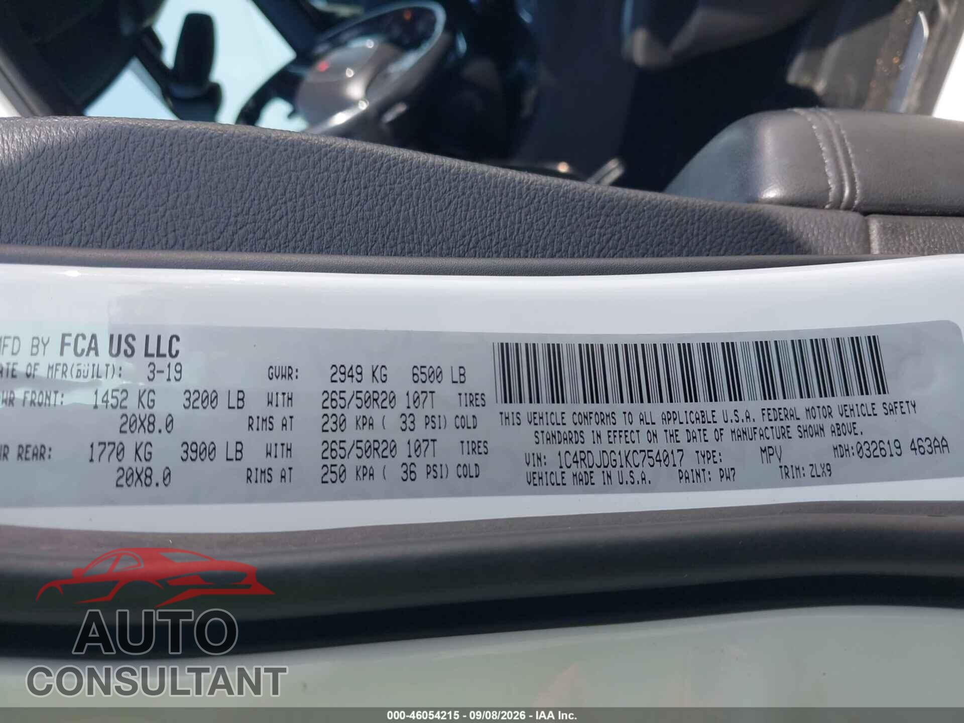 DODGE DURANGO 2019 - 1C4RDJDG1KC754017