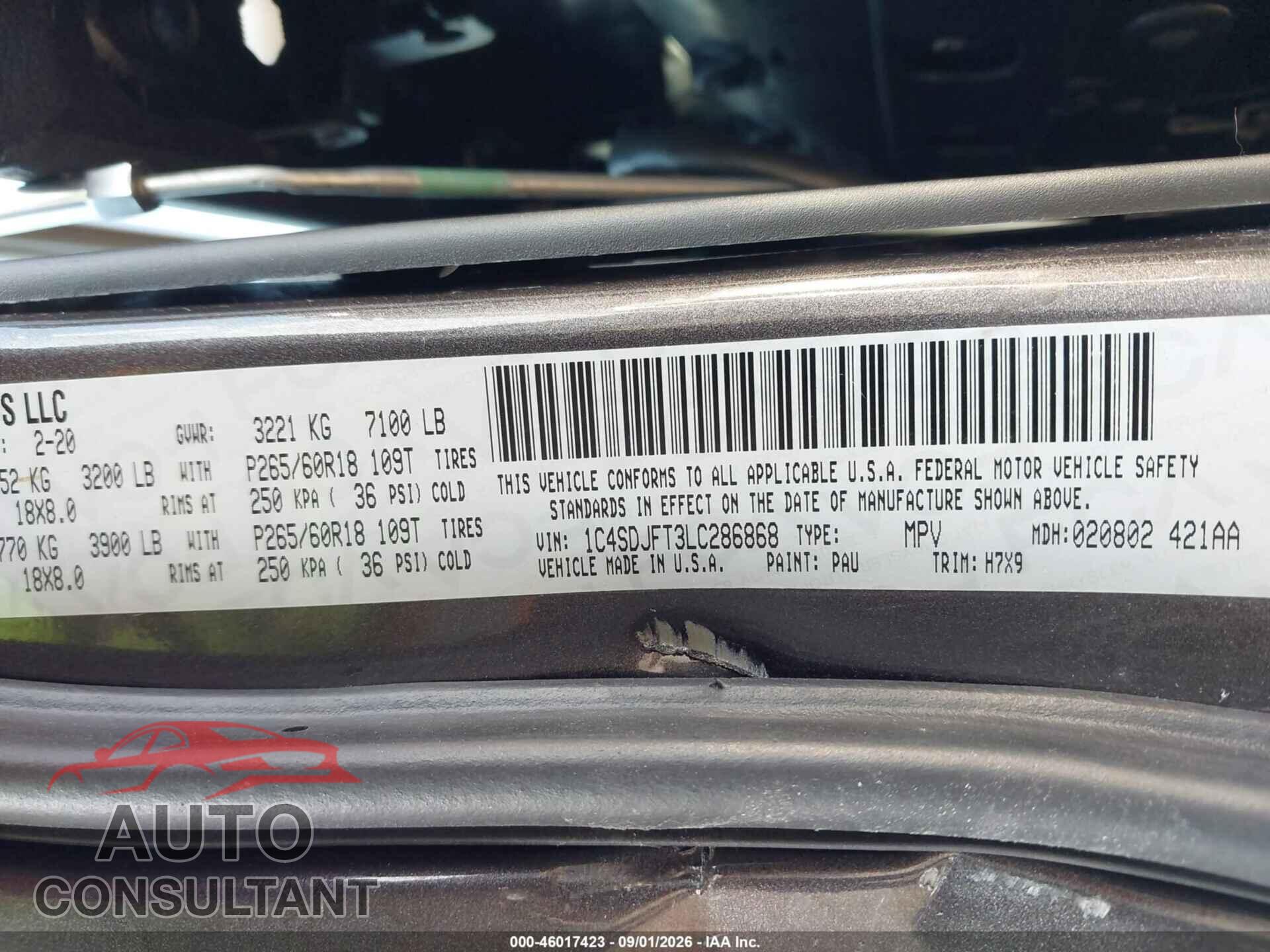 DODGE DURANGO 2020 - 1C4SDJFT3LC286868