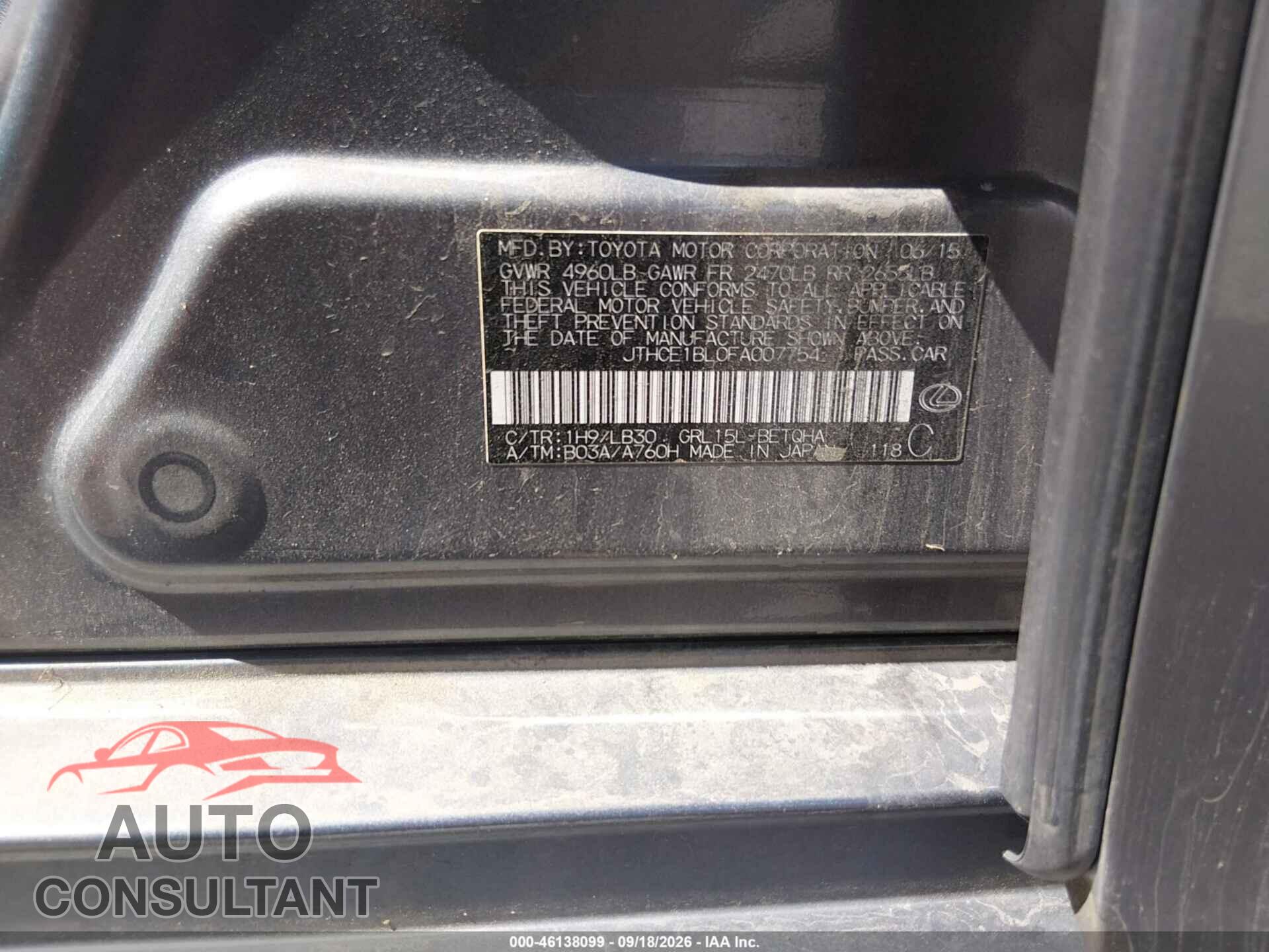 LEXUS GS 350 2015 - JTHCE1BL0FA007754