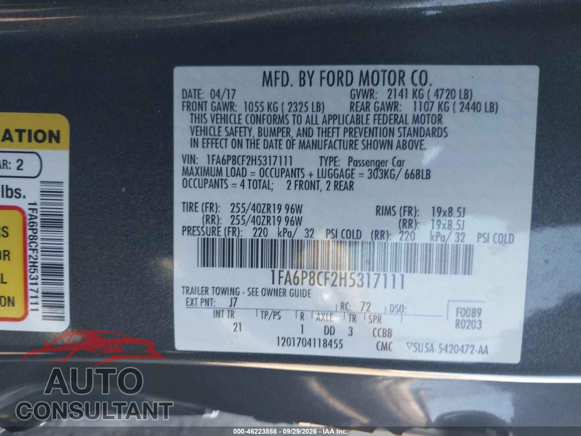 FORD MUSTANG 2017 - 1FA6P8CF2H5317111