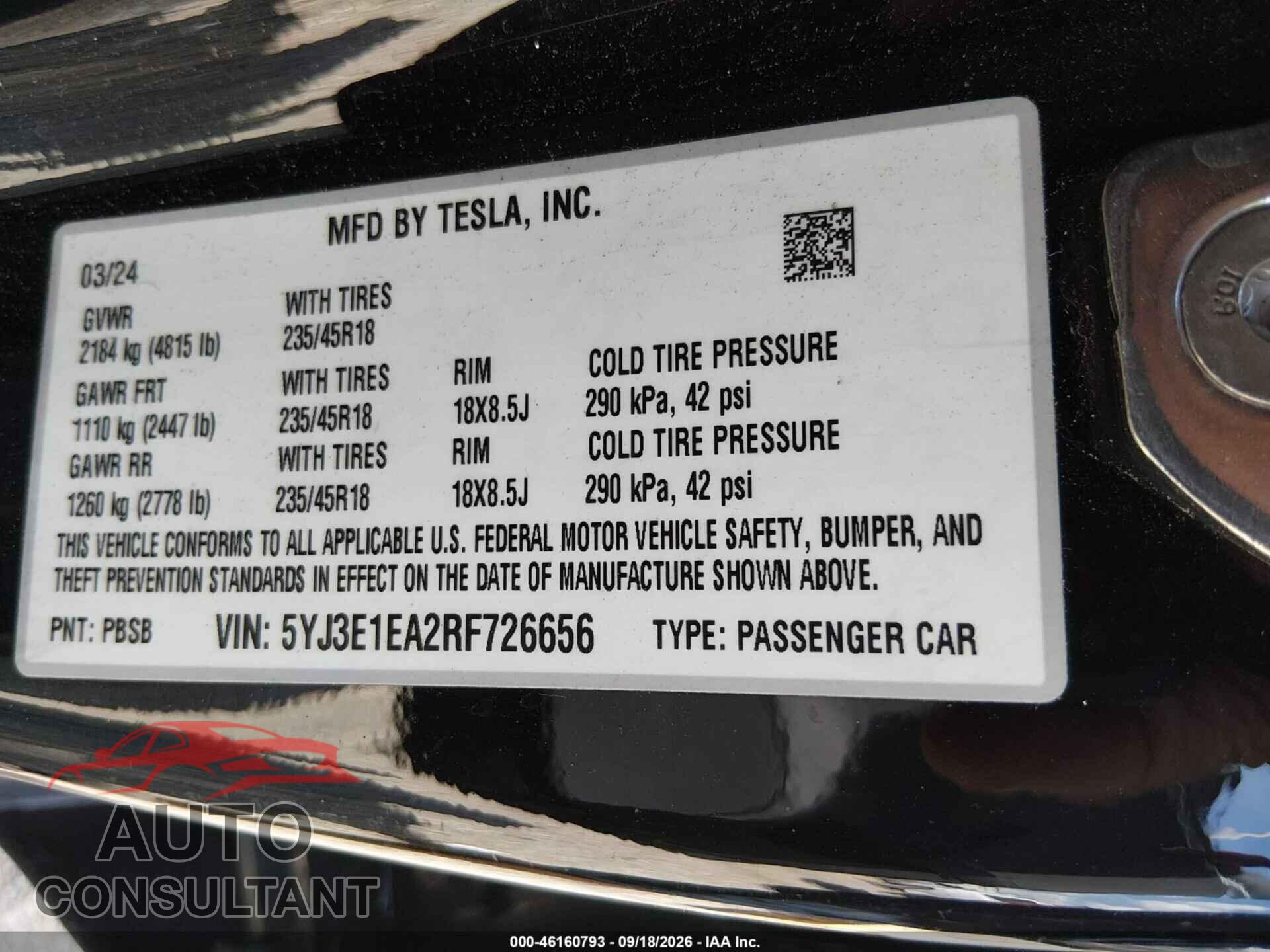 TESLA MODEL 3 2024 - 5YJ3E1EA2RF726656
