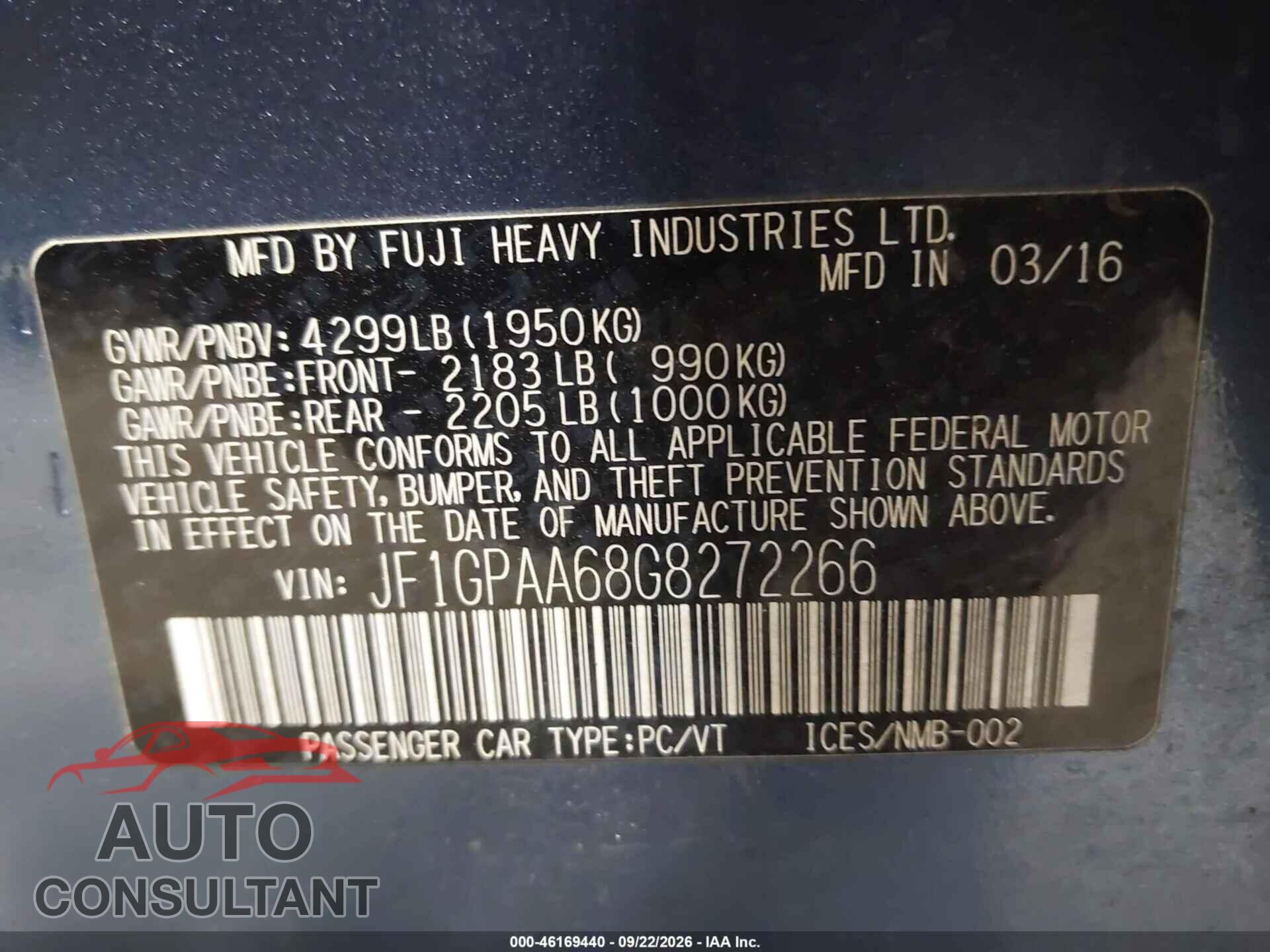 SUBARU IMPREZA 2016 - JF1GPAA68G8272266