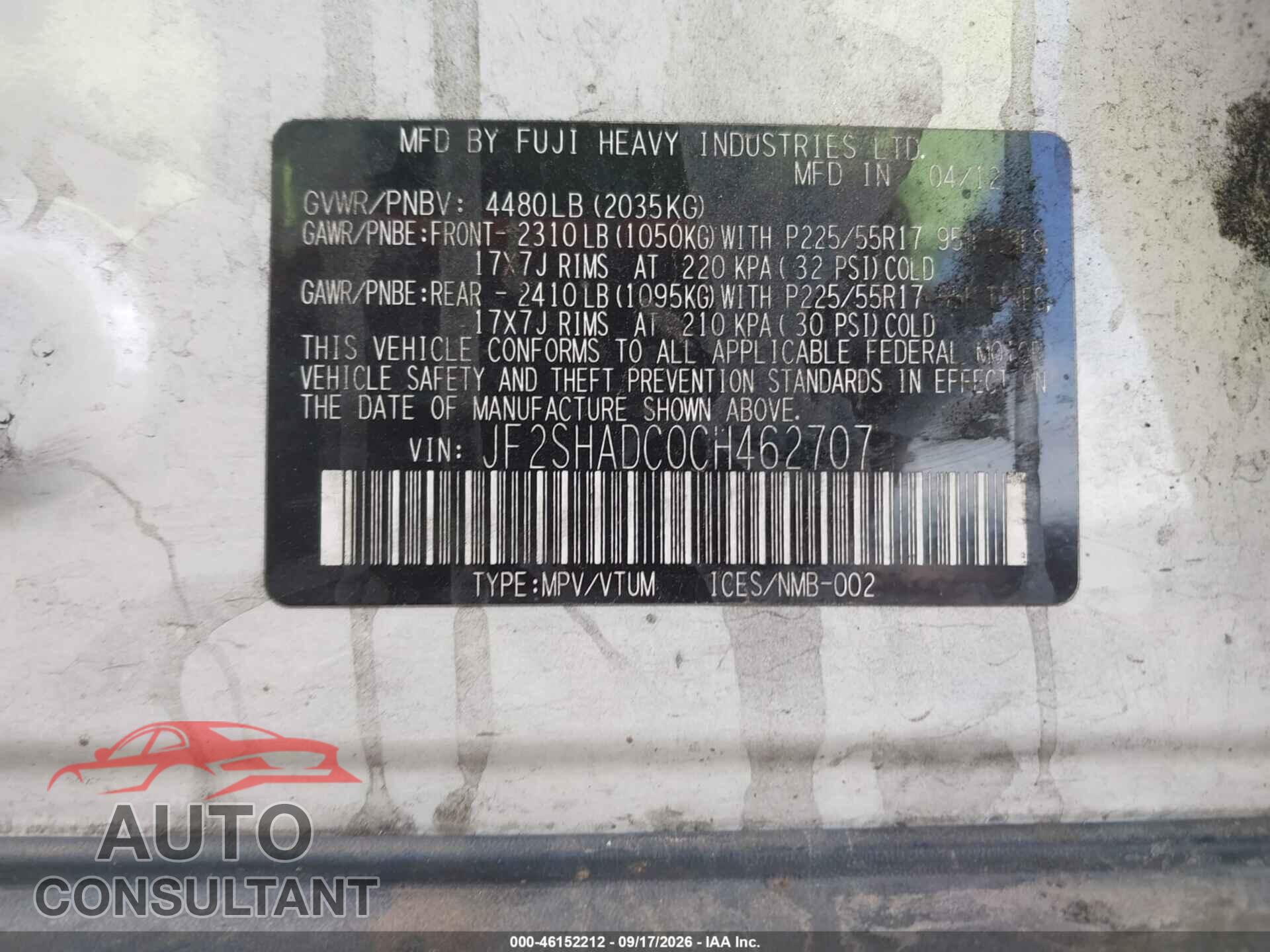 SUBARU FORESTER 2012 - JF2SHADC0CH462707